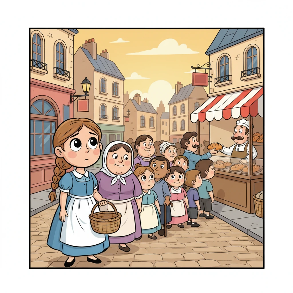 Far from the palace's glow, young Marie, a spirited girl with bright eyes, stood in a very long line. Her empty basket felt heavy as she waited with many others, hoping for just one small loaf of expensive bread in the bustling streets of Paris.