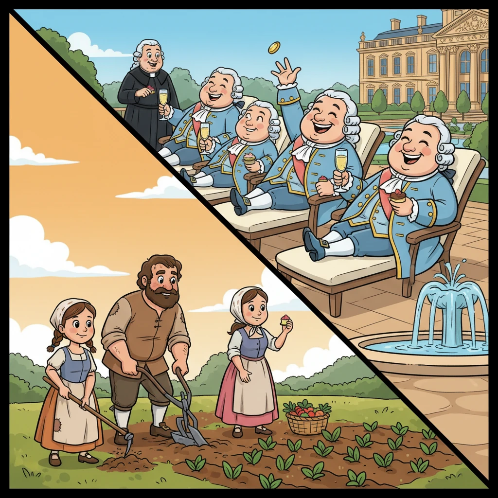 France was a land of stark contrasts. While Marie's hardworking family tilled fields and paid their heavy taxes, smiling nobles and clergy relaxed in opulent comfort, enjoying privileges and never worrying about a meal or a penny.
