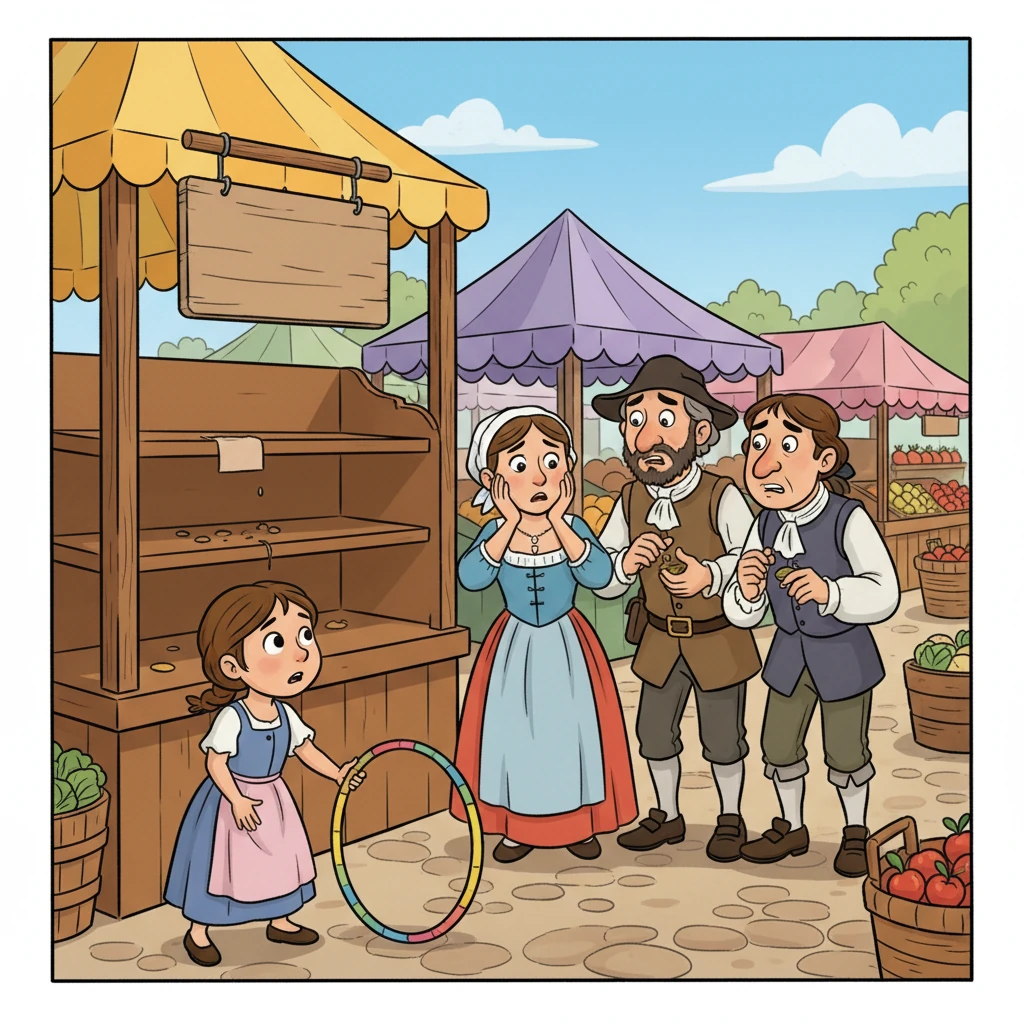 As Marie played in the lively market, she often overheard worried whispers. Adults gathered in hushed groups, their faces a mix of frustration and fear, talking about empty shelves and the ever-rising price of bread.