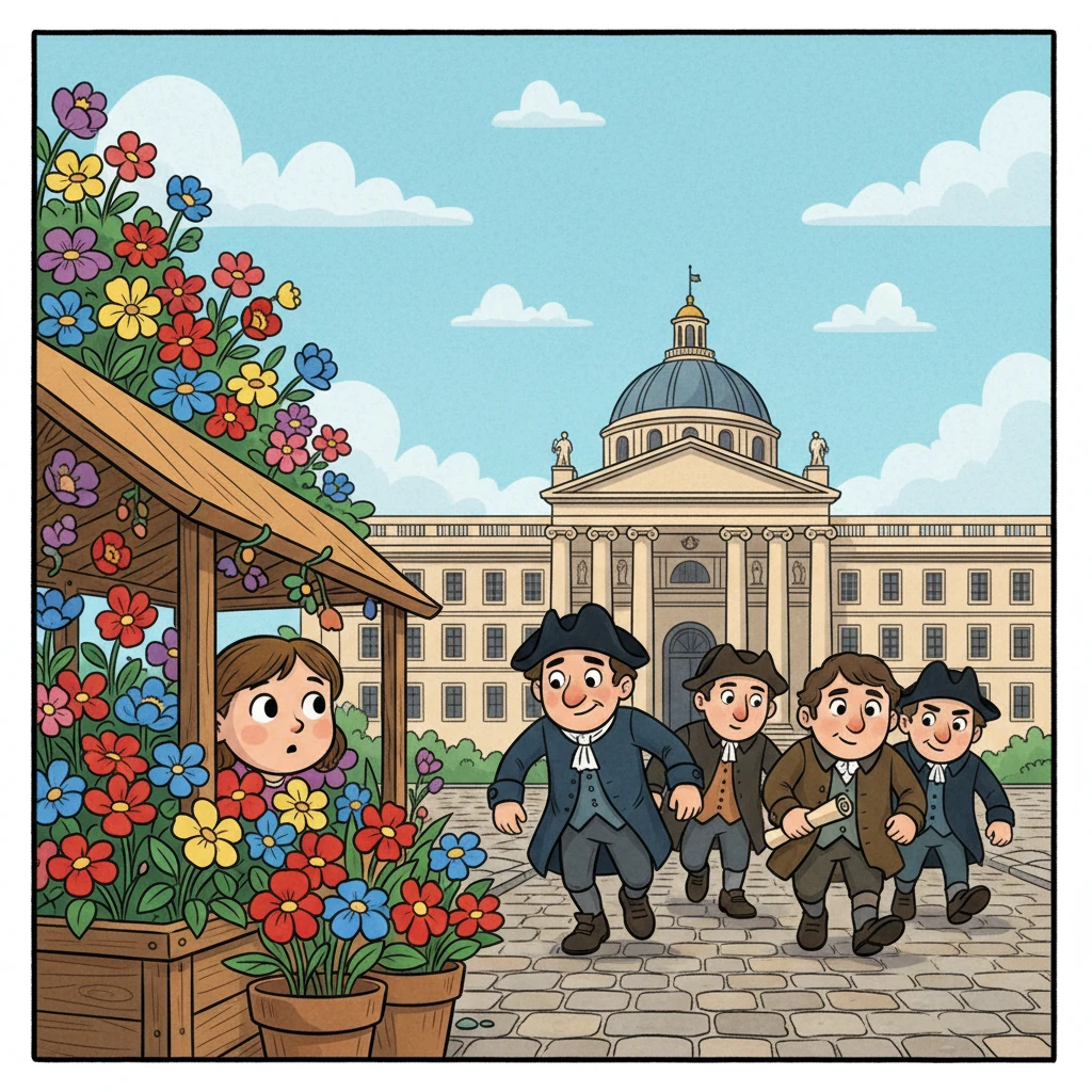 One day, Marie, peeking from behind a flower stall, saw a determined group of common people marching towards a grand building. These were the representatives of the Third Estate, ready to bravely speak up for everyone.