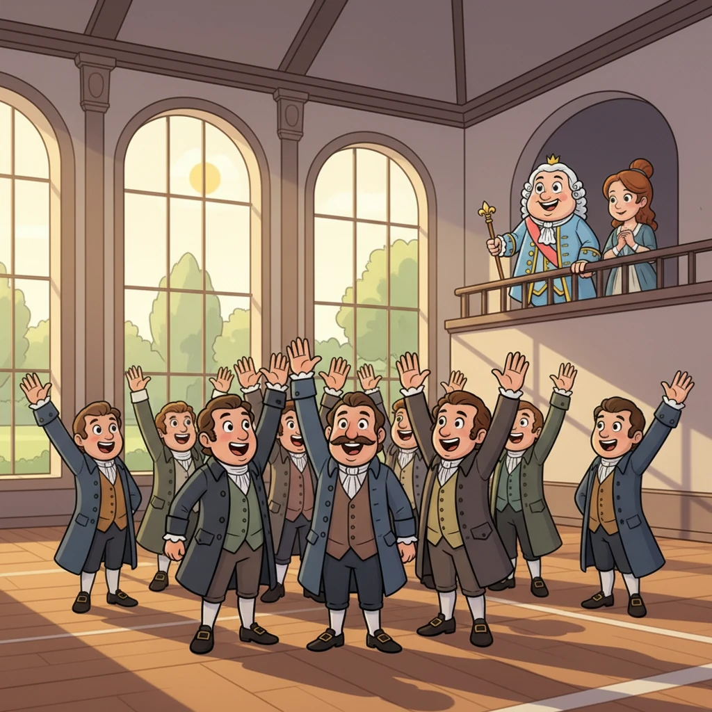 Inside a large, empty tennis court, the representatives raised their hands high, making a solemn promise. They vowed not to separate until they had given France a fair new constitution, and Marie watched, her heart filled with new hope.