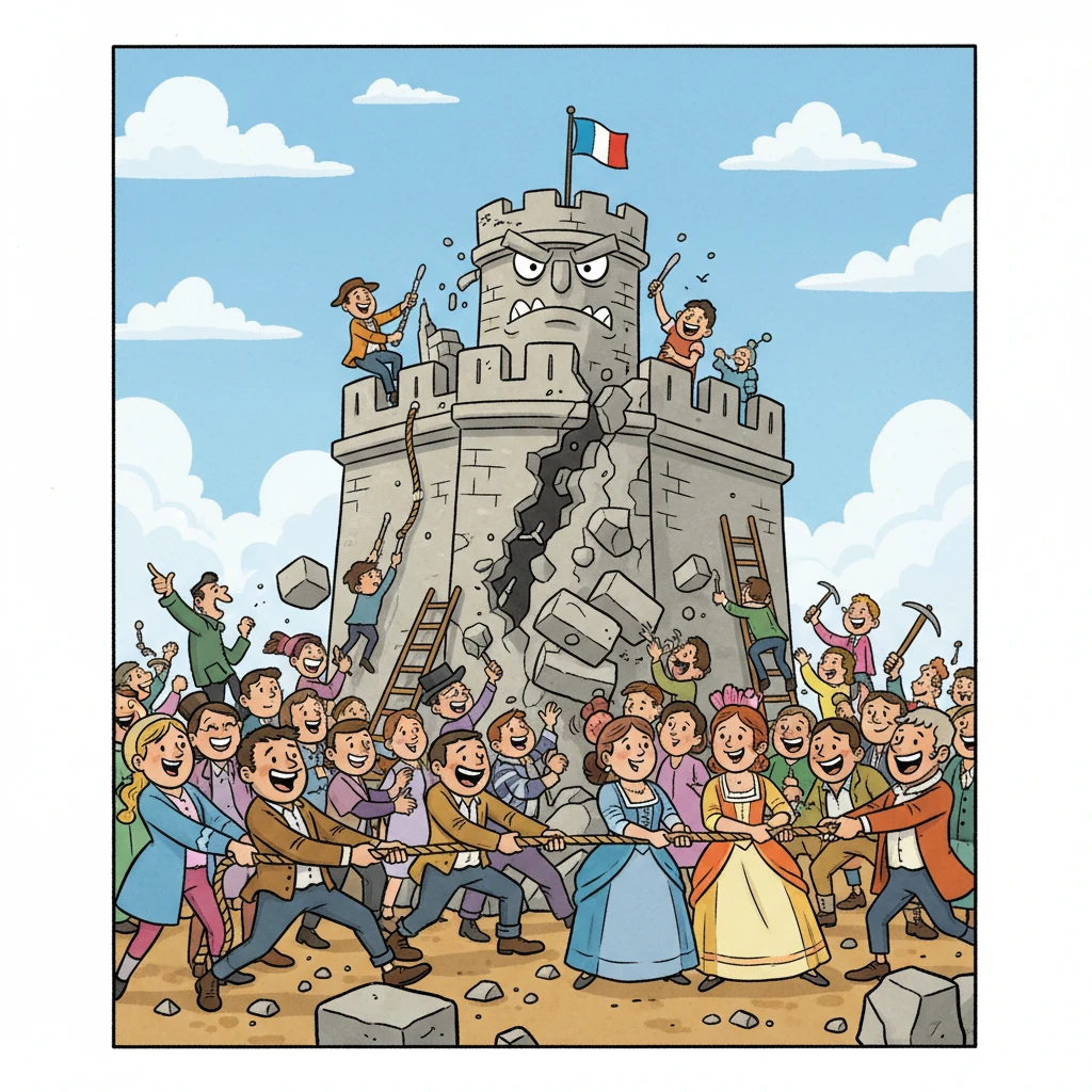 On a sunny July day, a joyful crowd, including a slightly older Marie, buzzed with excitement as they playfully dismantled the towering Bastille fortress. It felt like pulling down a grumpy, old stone giant, symbolizing the end of the king's absolute power.