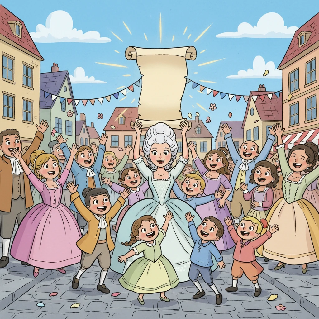 Soon after, Marie and her family, beaming with pride, held up a glowing scroll: the Declaration of the Rights of Man. Everyone celebrated, understanding that all people were now free and equal, a truly wonderful idea.