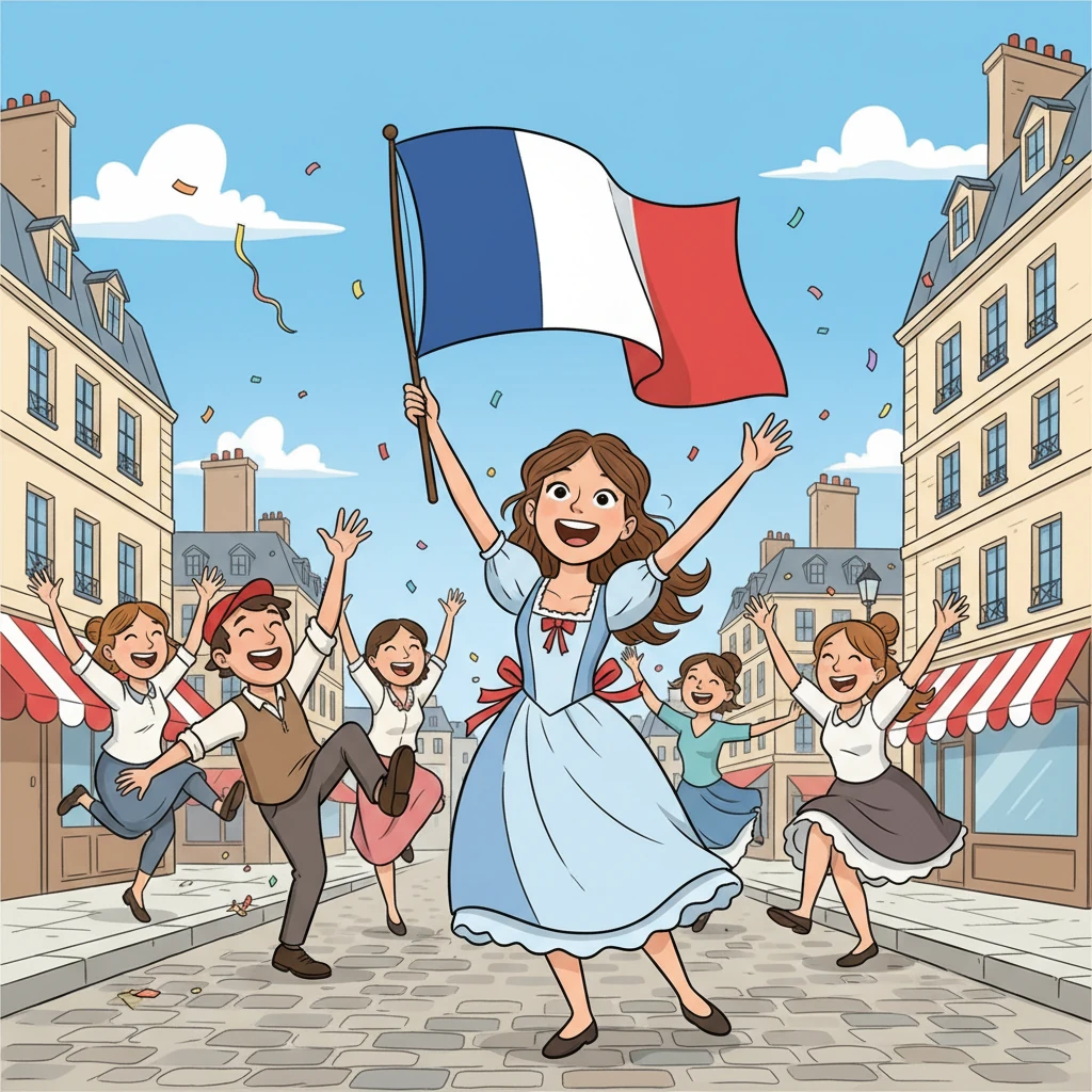 France transformed into a Republic, and the streets of Paris came alive with celebration! Marie, now a young woman, waved a vibrant tricolor flag as people danced and cheered, embracing a new era of liberty, equality, and fraternity.