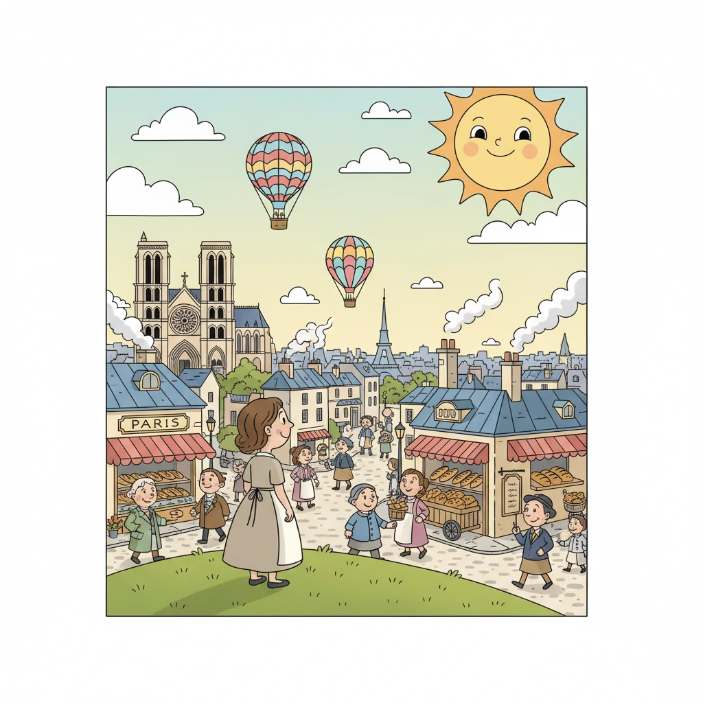 Years later, Marie stood on a peaceful hill, looking out at a prosperous, bustling Paris. Bakeries sold fresh bread, and happy citizens went about their day under a bright, hopeful sun, a testament to the changes that began with a simple wish for fairness.