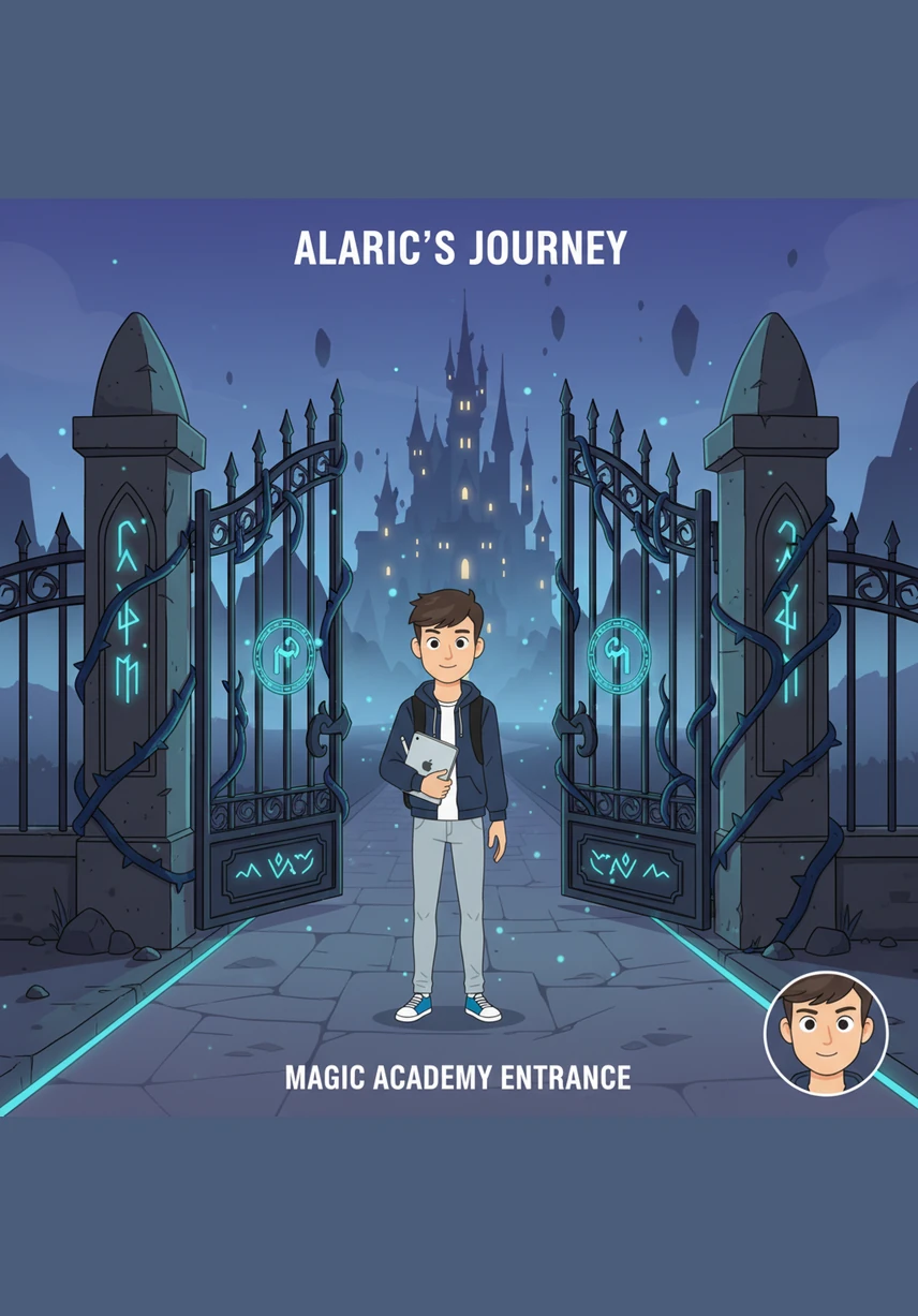 Alaric steht vor den imposanten Toren der großen Magieschule, während um ihn herum andere Schüler verzweifelt versuchen, erste kleine Funken in ihren Händen zu erzeugen. Während die anderen in dicken Lehrbüchern blättern, blickt Alaric in die Ferne und spürt bereits die unendliche Weite der Dimensionen, die nur einen Gedanken entfernt liegen.