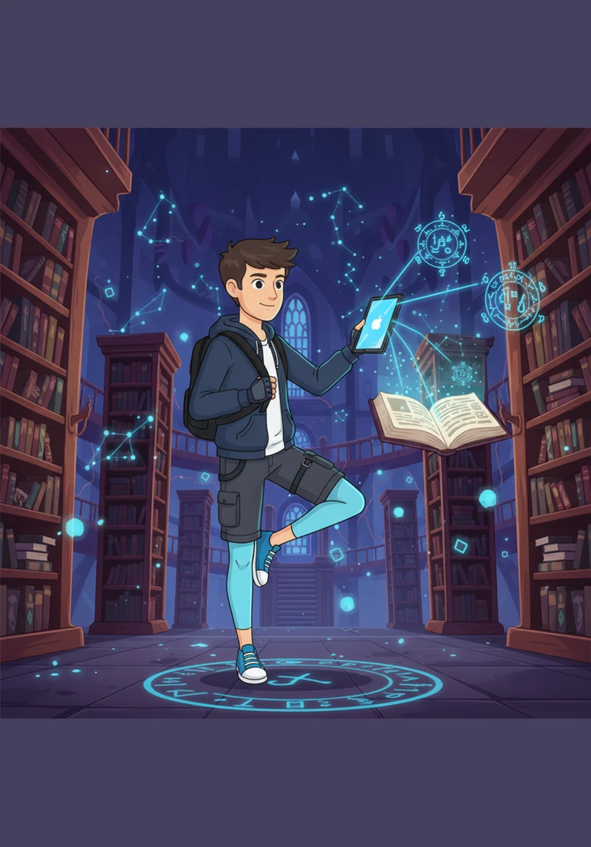 Tief im Herzen der lebendigen Bibliothek erschafft Alaric eine völlig neue Form der Magie, indem er reines Licht mit flüssigem Schatten kombiniert. Die entstehende Energieform pulsiert in seinen Händen und beweist, dass er nicht nur ein Nutzer, sondern ein wahrer Architekt der Realität ist, der Elemente aus dem Nichts formt.