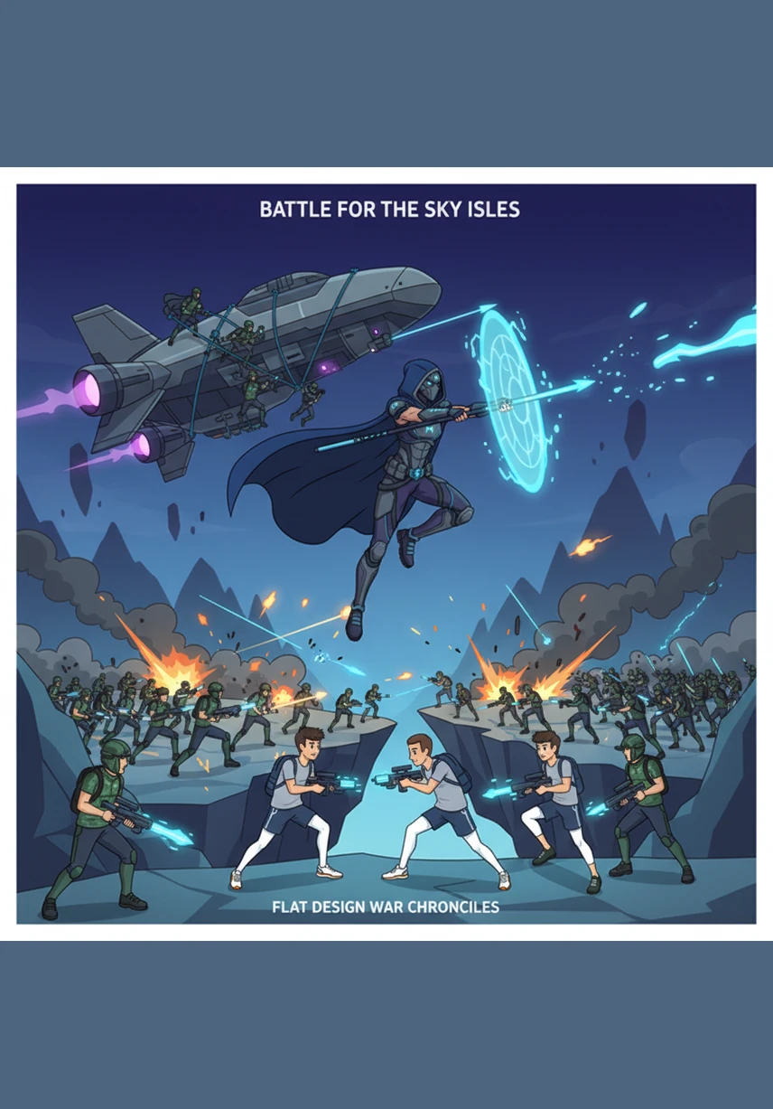 Ein gewaltiger Krieg bricht aus, als die verschiedenen Fraktionen auf einem riesigen Schlachtfeld aufeinandertreffen. Alaric schwebt hoch über dem Getümmel und öffnet Dutzende von Portalen, aus denen er kombinierte Elementarmagie entfesselt, um seine Freunde zu schützen und das Gleichgewicht der Welt zu bewahren.