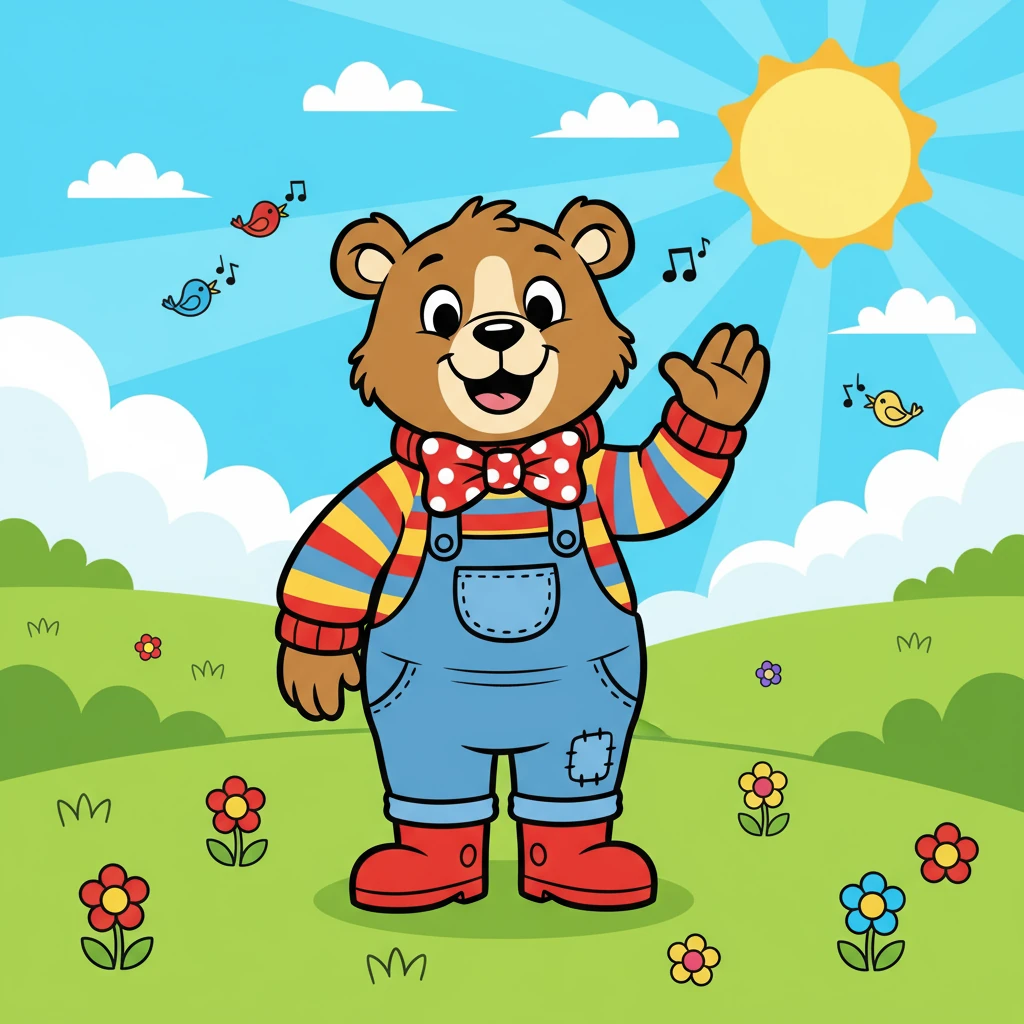 Barnaby the Bear stood in a sunny green field. He was a very happy bear, with a big smile and a cheerful wave to greet the day. The sun shone brightly, and the birds were singing their sweet songs.