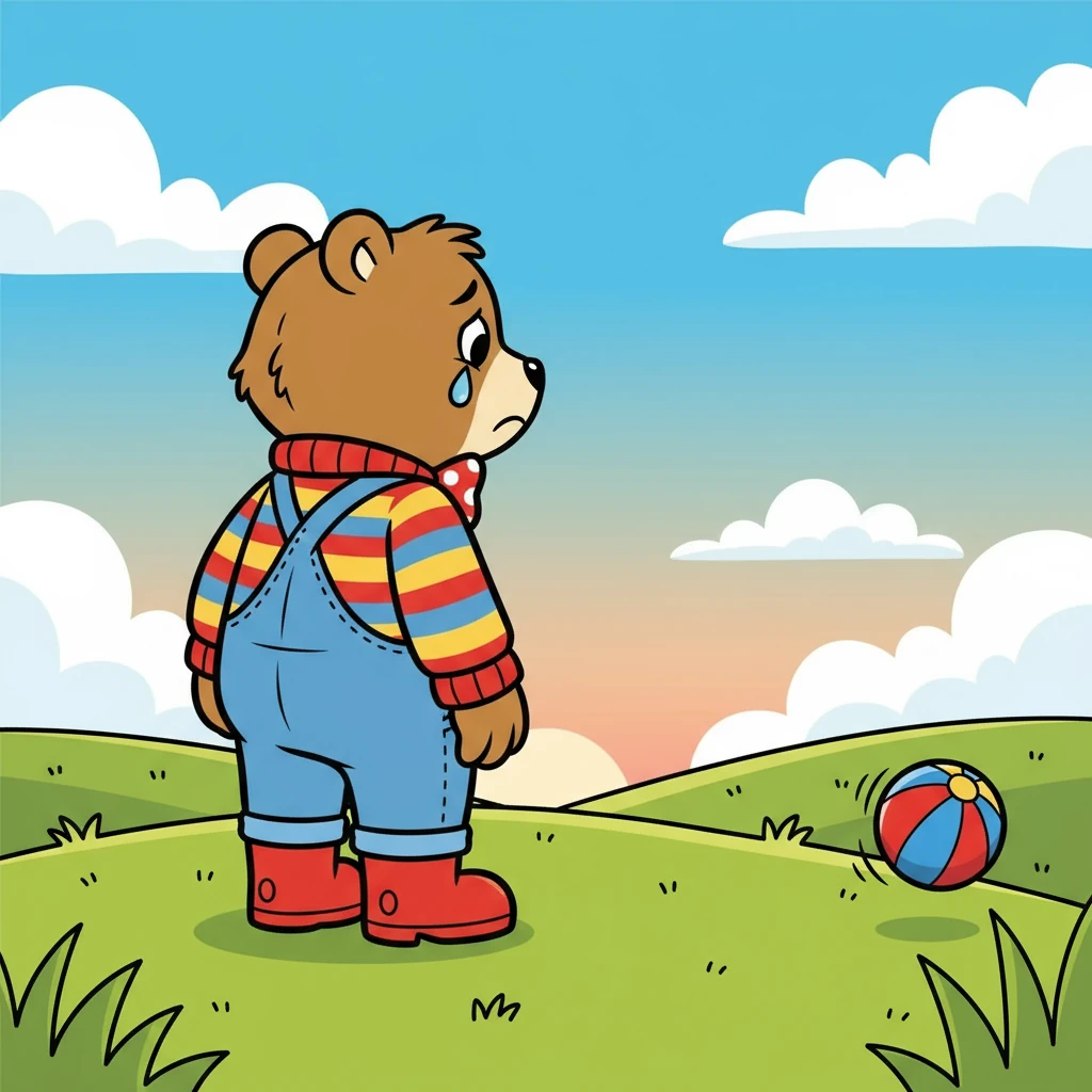 Suddenly, uh-oh! The ball bounced away, rolling down a small hill. Barnaby watched, his smile disappearing as the ball disappeared from sight. A little tear rolled down his cheek.