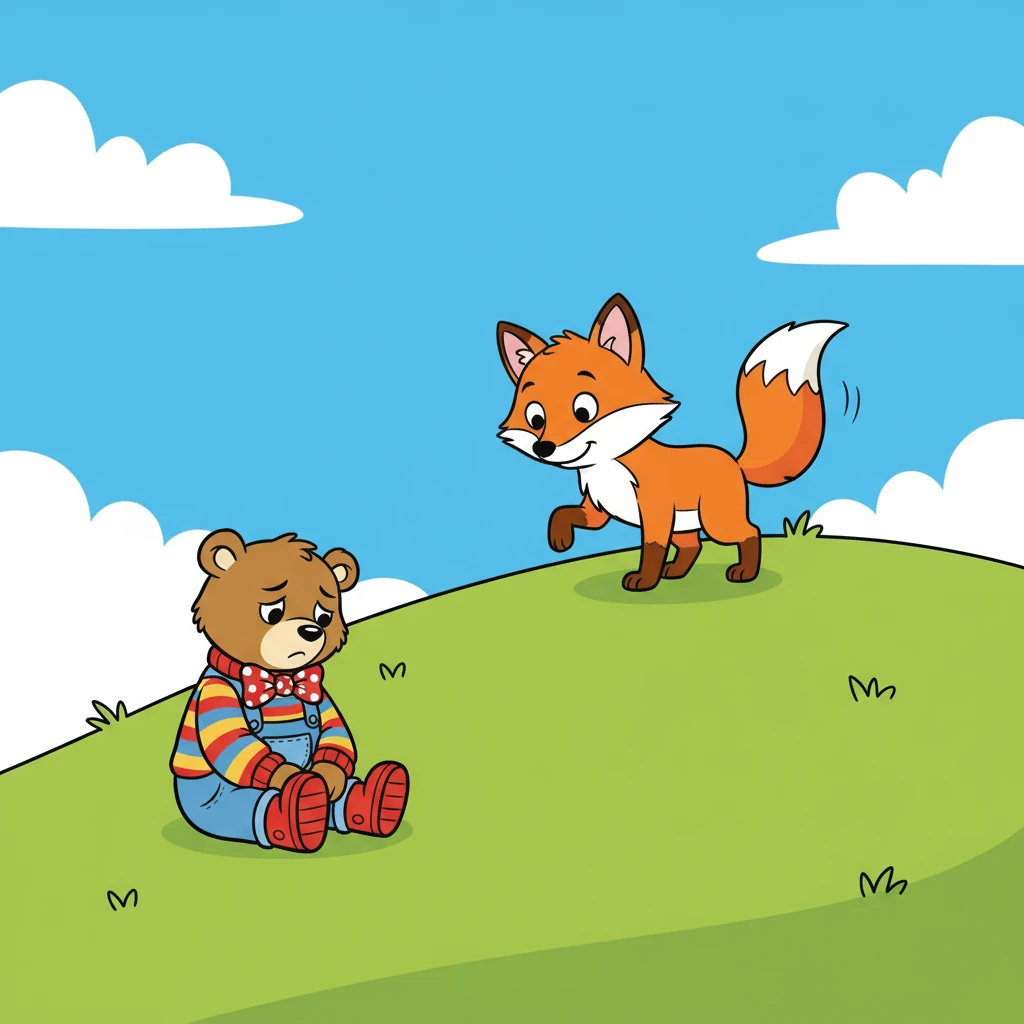A friendly fox, with bright orange fur, peeked over the hill. Seeing Barnaby's sad face, the fox hopped closer, its tail wagging gently. "Hello," the fox said kindly, "Can I help?"