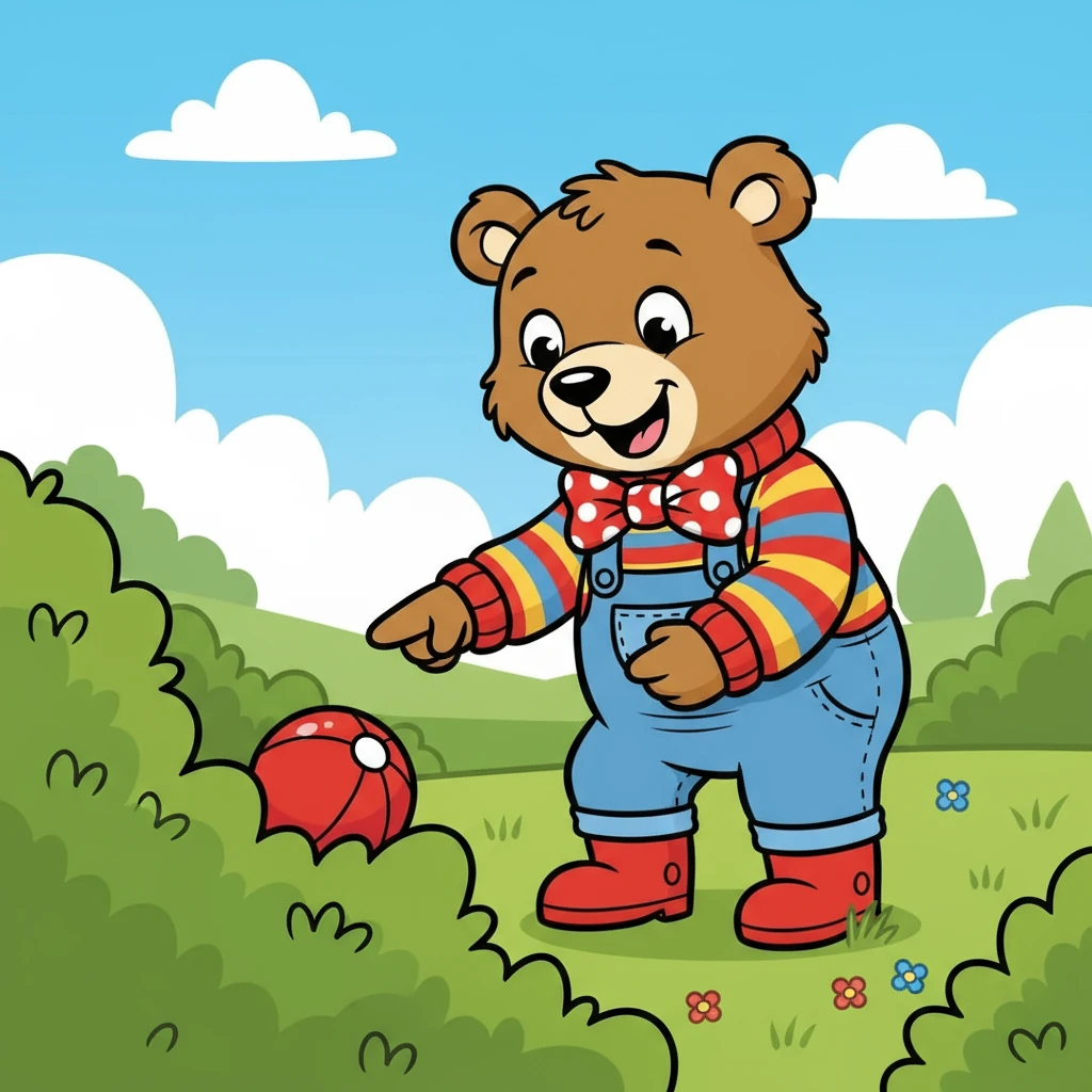 They found it! The red ball lay nestled near a bush. Barnaby's face lit up, and his smile returned. He was so happy to see his ball again!