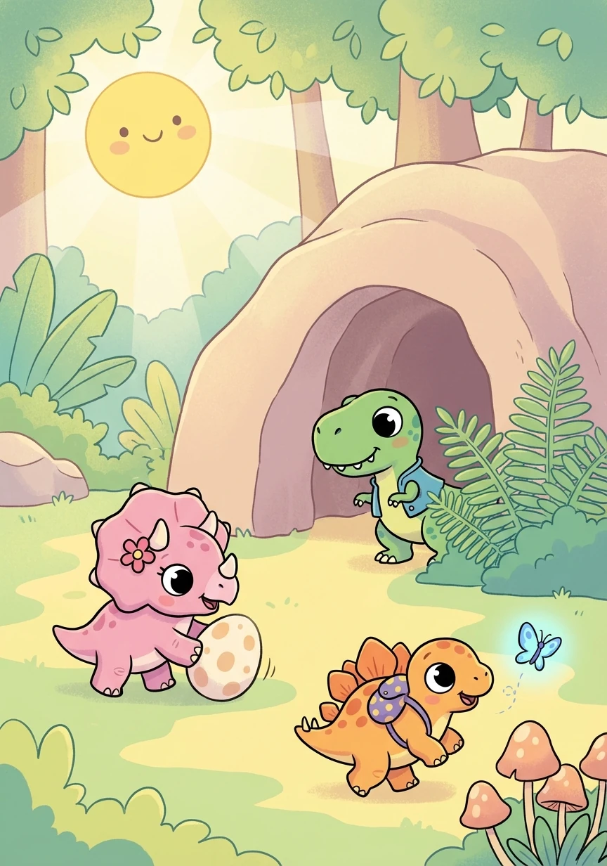 Numa terra ensolarada, viviam três filhotes de dinossauro: Dino, Dina e Dot. Eles eram muito curiosos e adoravam explorar a floresta ao redor de sua caverna.