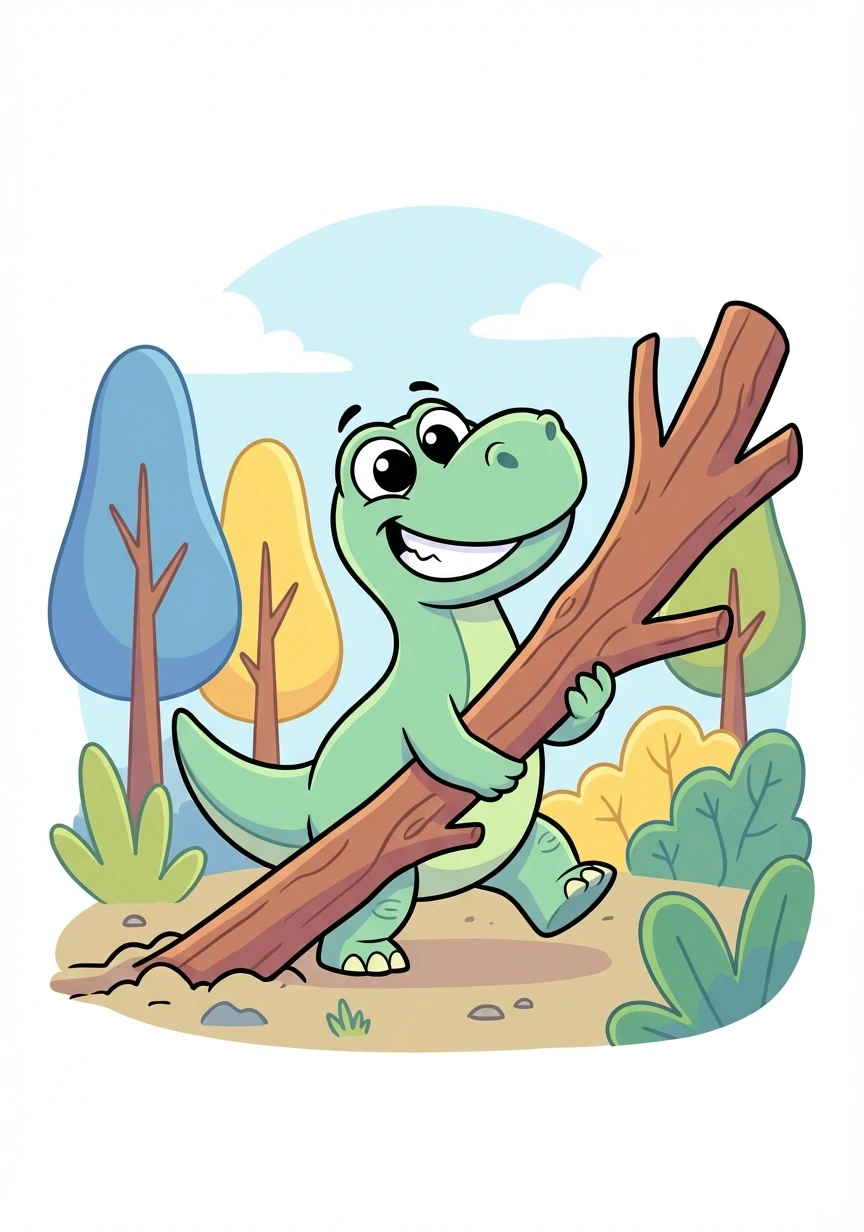 Dino, o mais forte dos três, encontrou um galho grande e comprido. Ele ficou muito animado e decidiu arrastá-lo pela floresta, mostrando sua força.