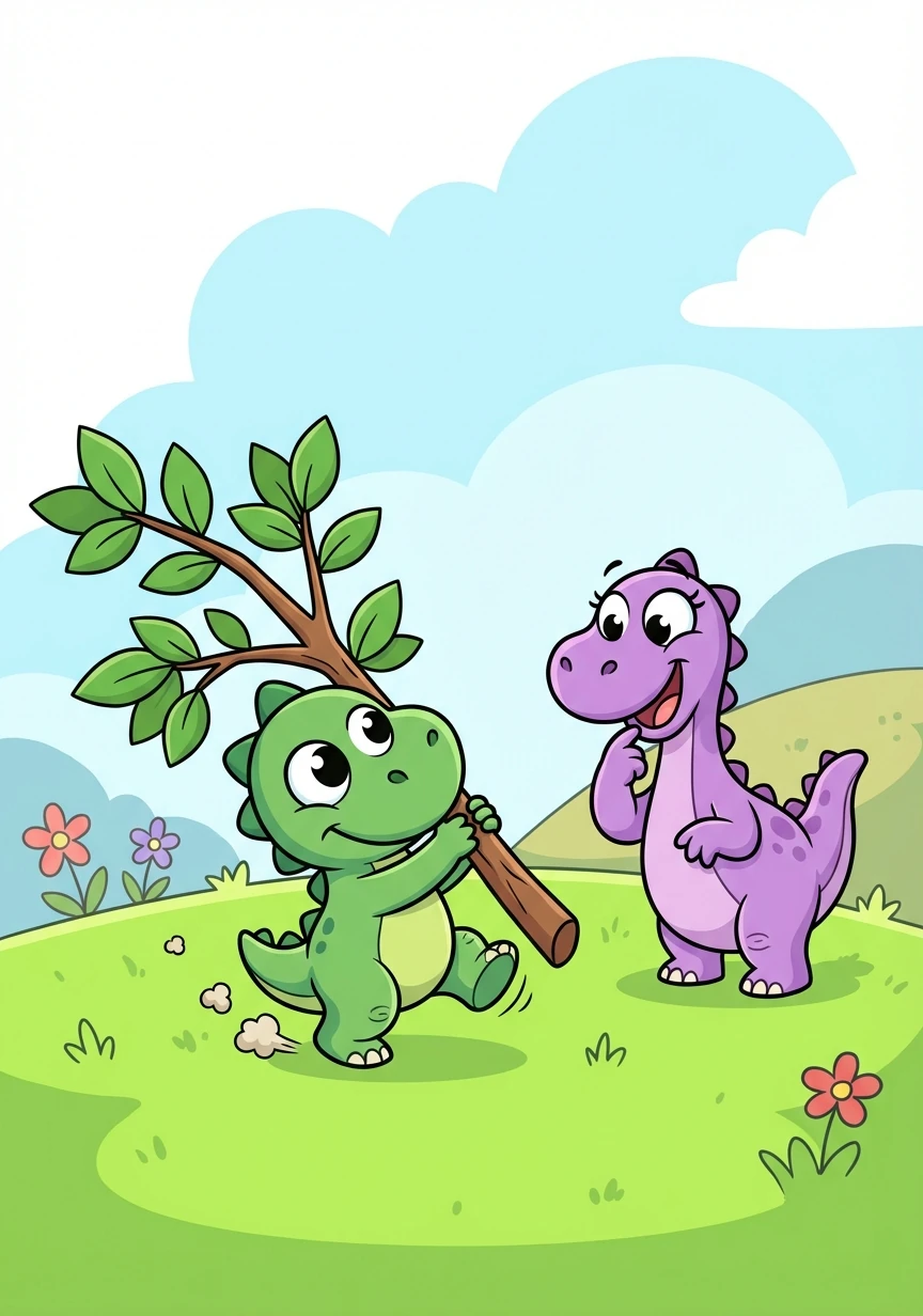 Dina, sempre esperta, viu Dino arrastando o galho. Curiosa, ela se juntou a ele, pensando em como poderiam usar o galho para brincar.