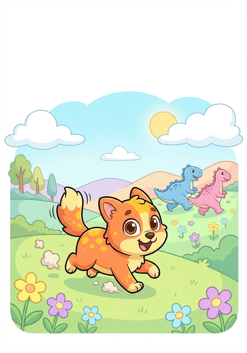 Dot, a mais adorável, correu atrás de Dino e Dina, balançando o rabinho. Ela queria participar da brincadeira também!