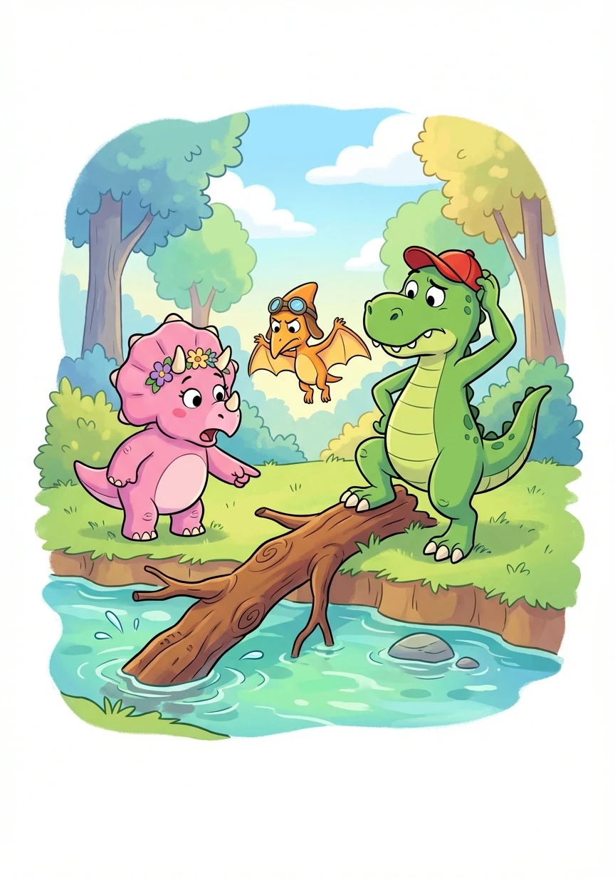 Enquanto arrastavam o galho, Dino, Dina e Dot chegaram a um riacho. Eles tentaram usar o galho como ponte, mas não funcionou.