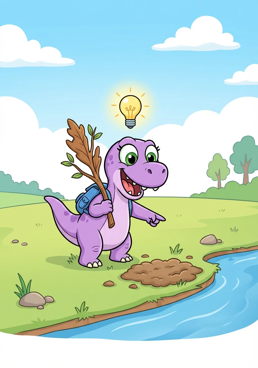 Dina teve uma ideia brilhante! Ela sugeriu que usassem o galho para cavar na terra fofa perto do rio.