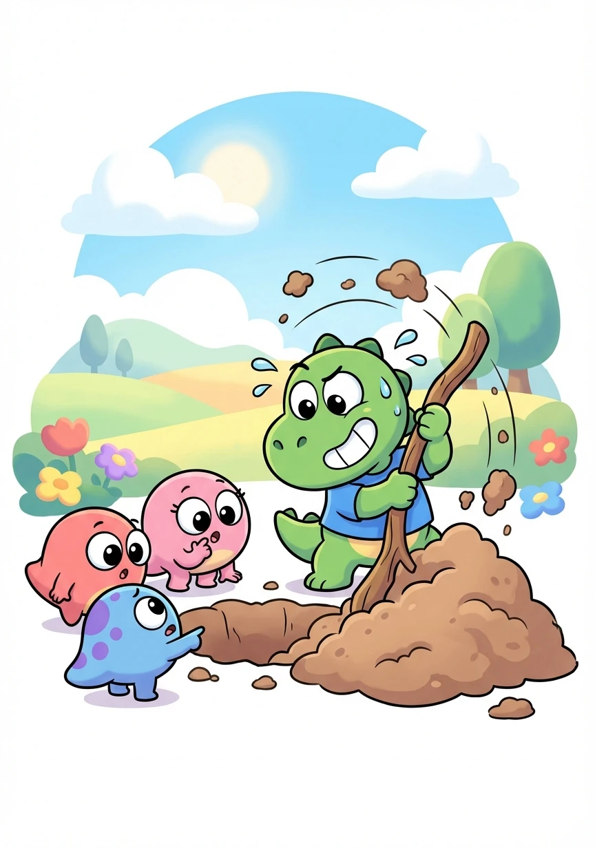 Dino começou a cavar com o galho, fazendo um buraco enorme. Dot e Dina observavam curiosas o que ele iria encontrar.