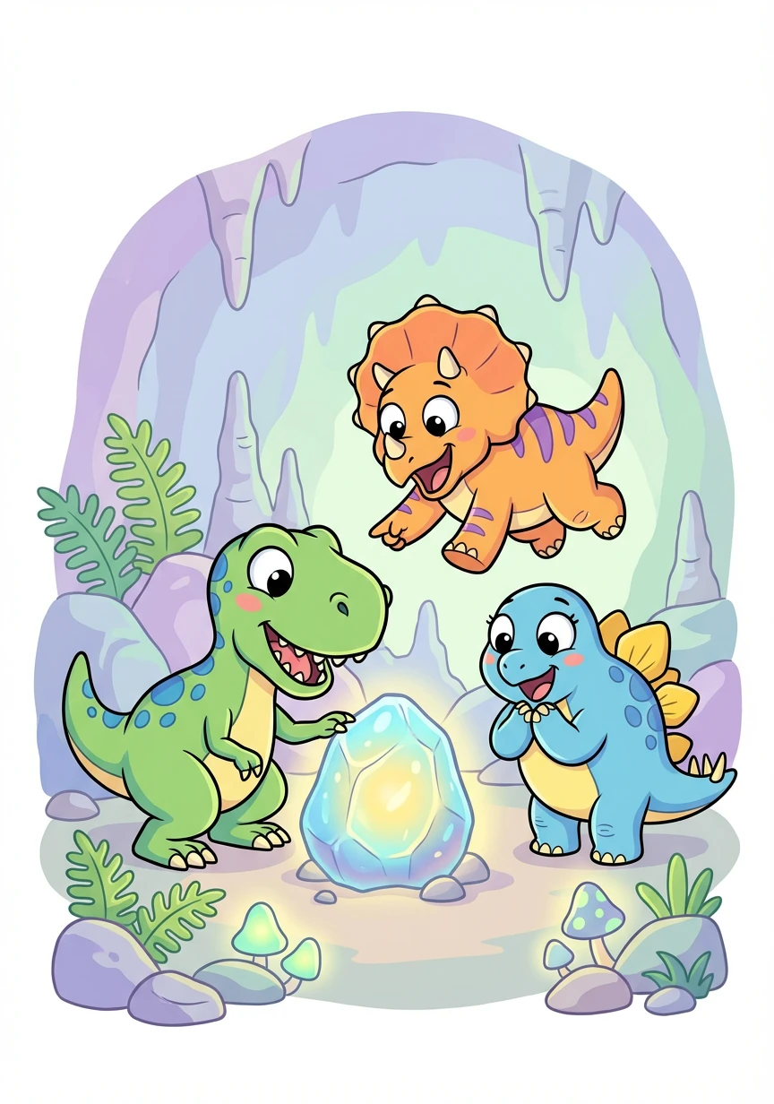 Os três filhotes de dinossauro ficaram maravilhados com a pedra brilhante. Eles perceberam que tinham feito uma grande descoberta!