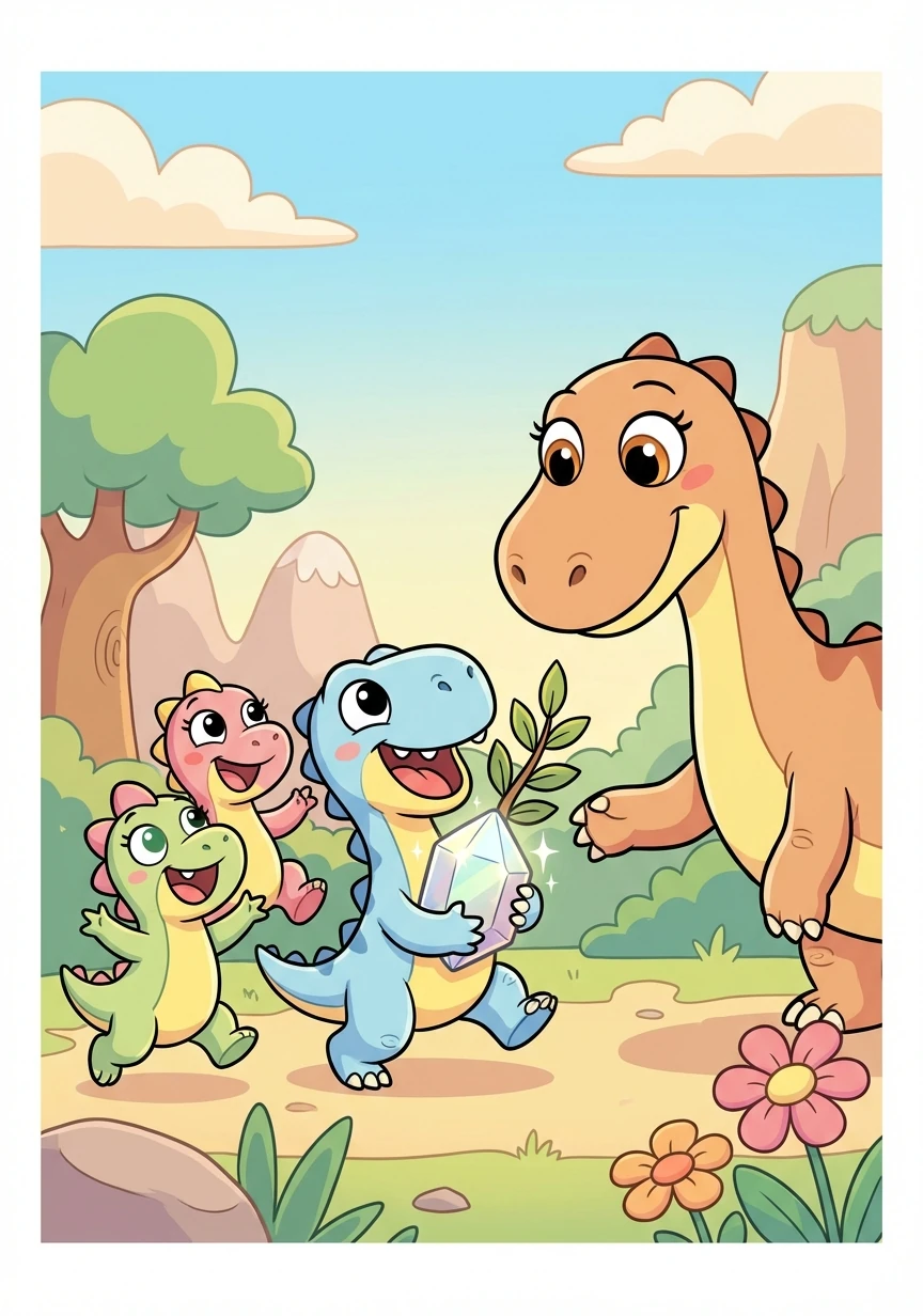 Com a pedra brilhante e o galho, Dino, Dina e Dot voltaram para a Mamãe Dinossauro, felizes por compartilhar sua aventura e descoberta.