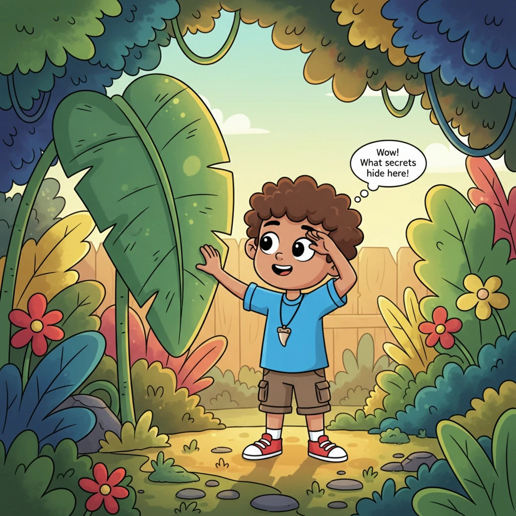 Warm golden sunlight bathes a lush backyard garden, transforming it into a vibrant, whimsical jungle. Little Noah, with bright eyes and curly brown ha