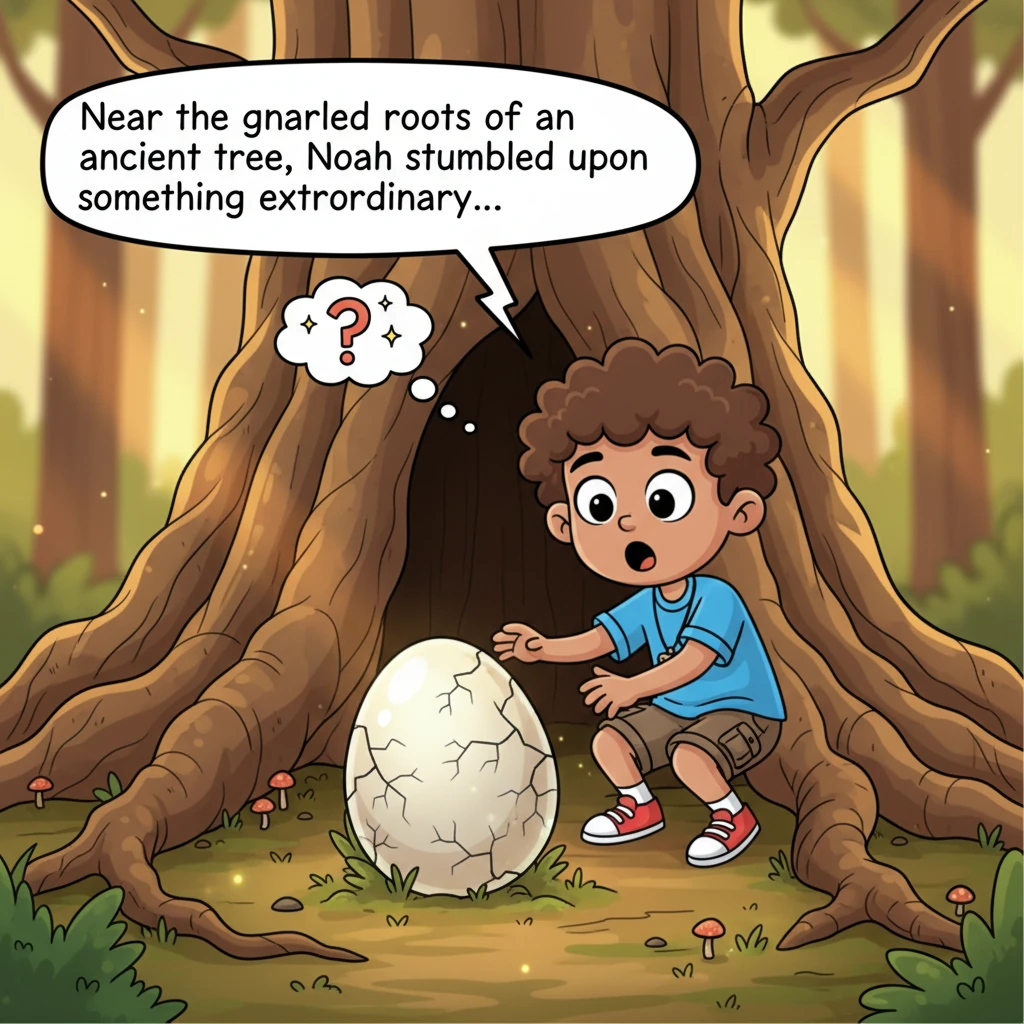 Near the gnarled roots of an ancient-looking tree, Noah stumbles upon something extraordinary: a large, smooth, mysterious egg, crisscrossed with tiny