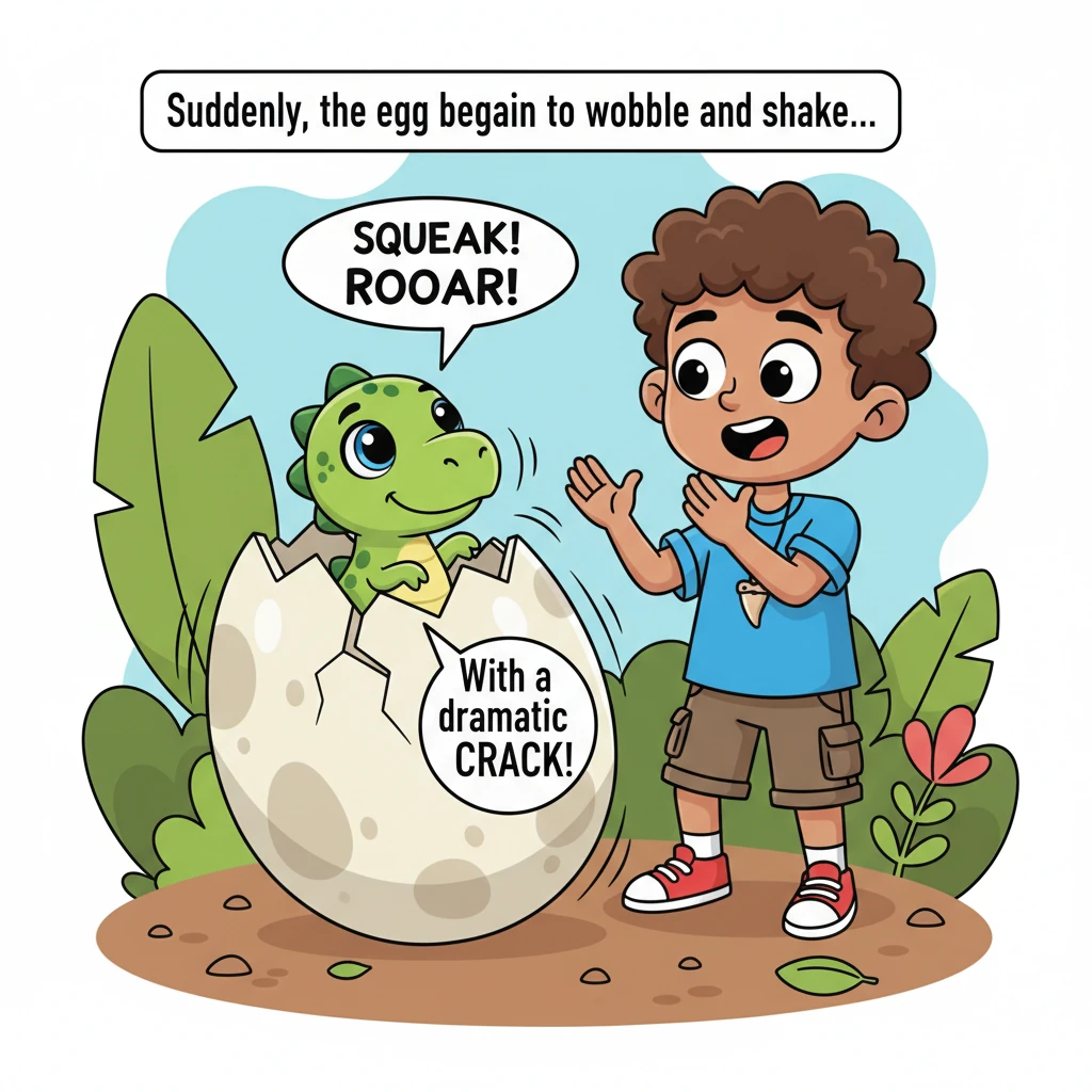 Suddenly, the egg begins to wobble and shake with a gentle rumble. With a soft, dramatic CRACK, a tiny, bright green baby dinosaur peeks out, its big,