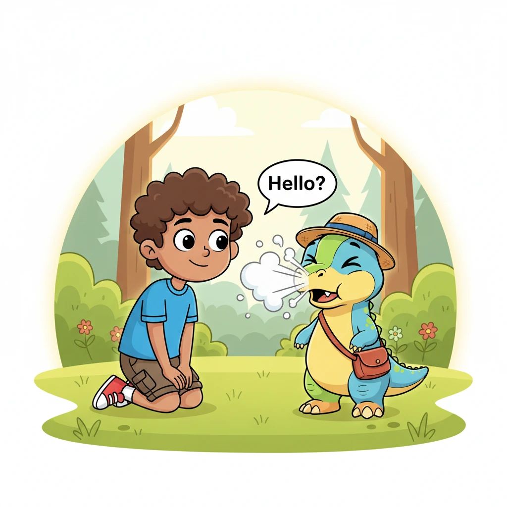 Noah, captivated by the little creature, whispers a gentle “Hello?” The baby dinosaur blinks, then lets out a tiny, comical sneeze, puffing out a clou