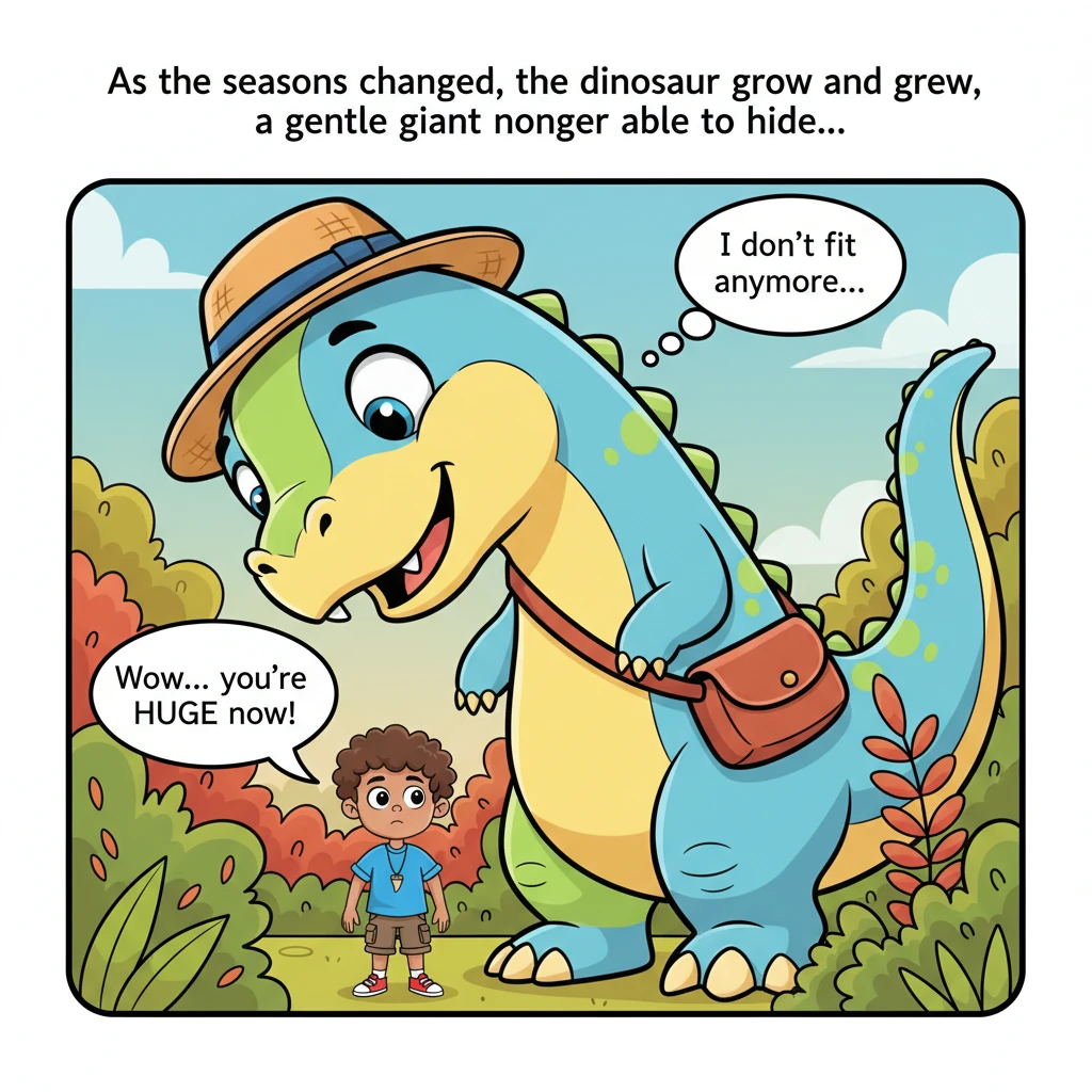 As the seasons change, the dinosaur grows bigger and bigger, a gentle giant no longer able to hide behind the garden's leafy bushes. Noah looks up at