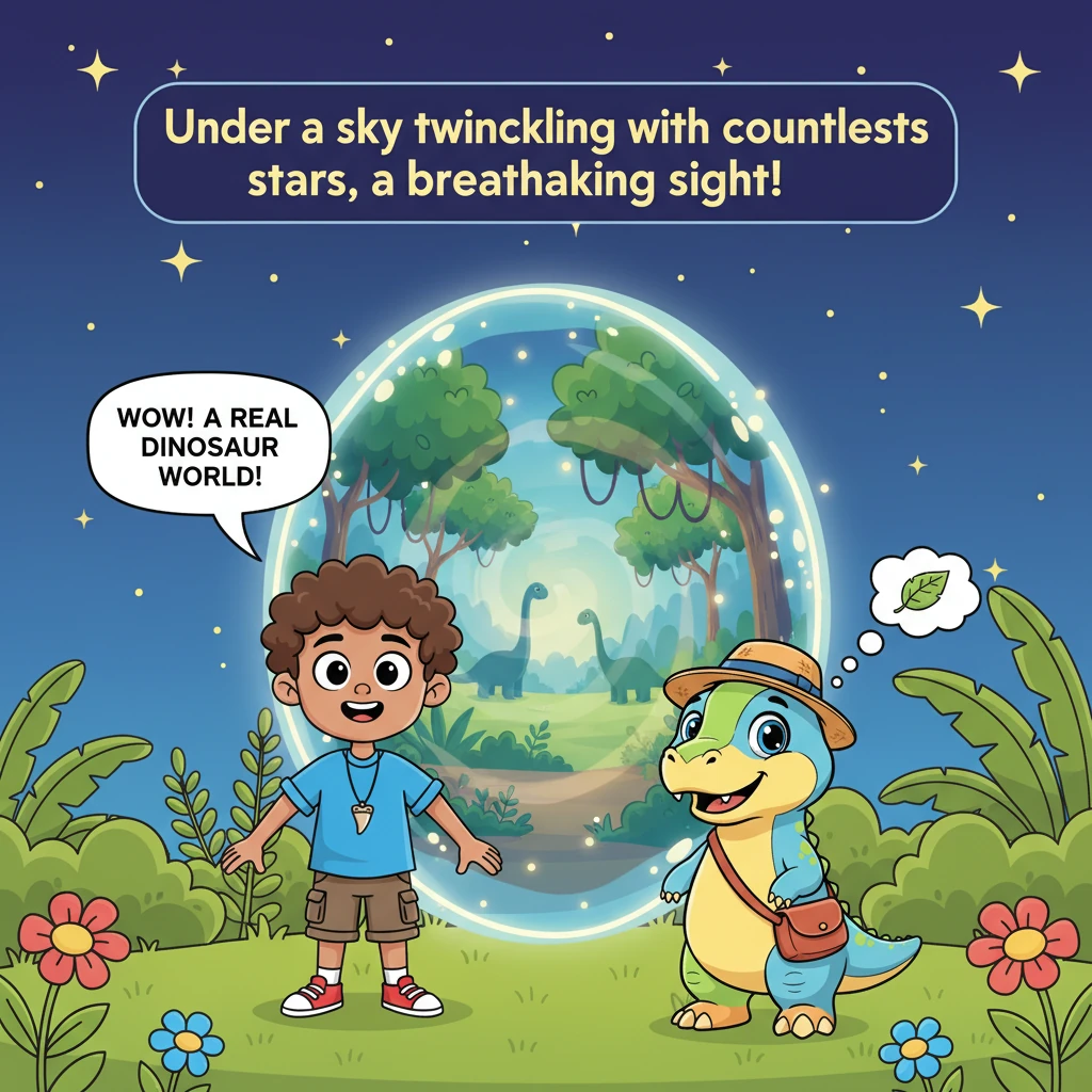 Under a sky twinkling with countless stars, a breathtaking sight unfolds in the garden. A shimmering, magical portal appears, swirling with soft blue