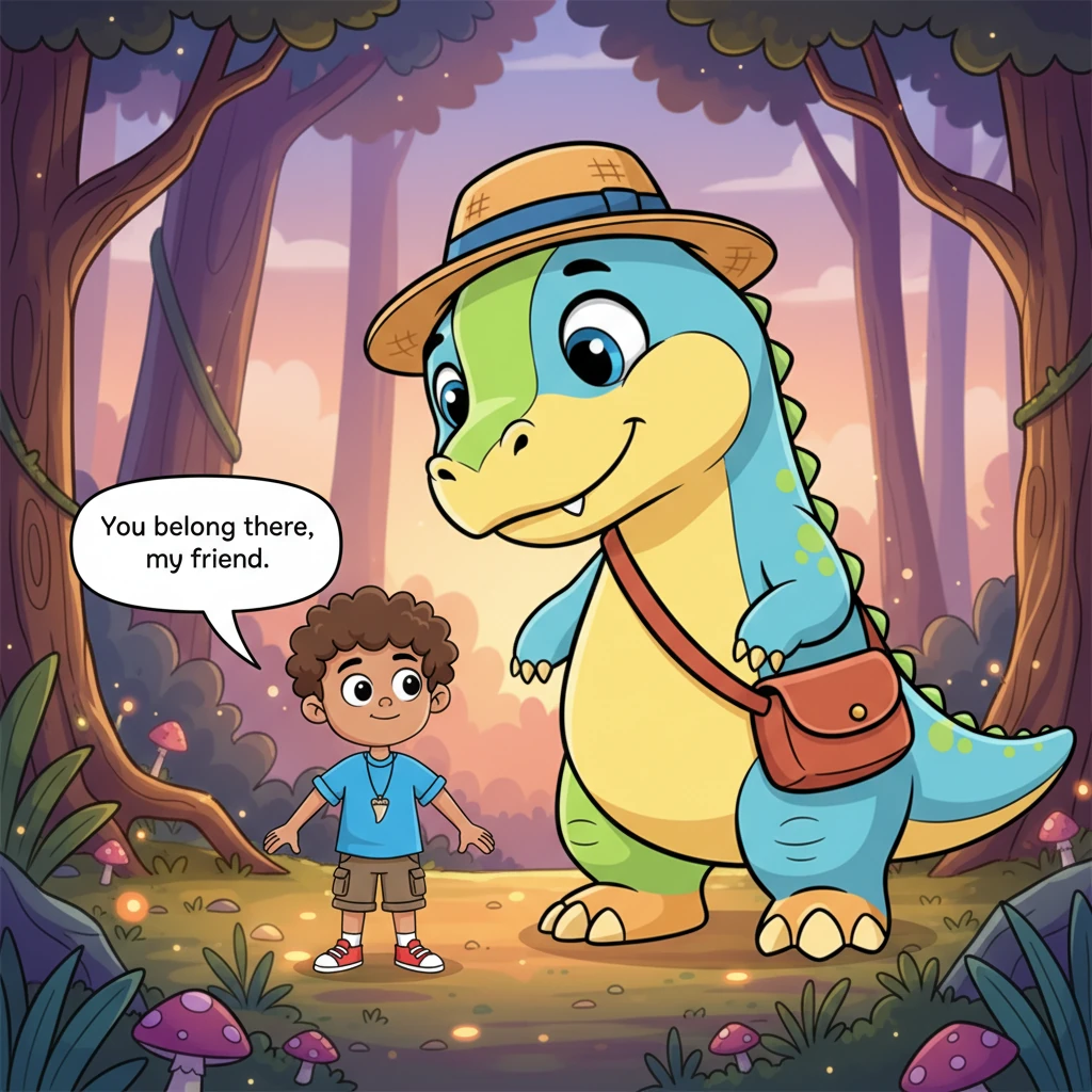 In a tender, emotional moment, the magnificent dinosaur looks down at Noah with gentle, understanding eyes. Noah, with a brave and loving smile, whisp