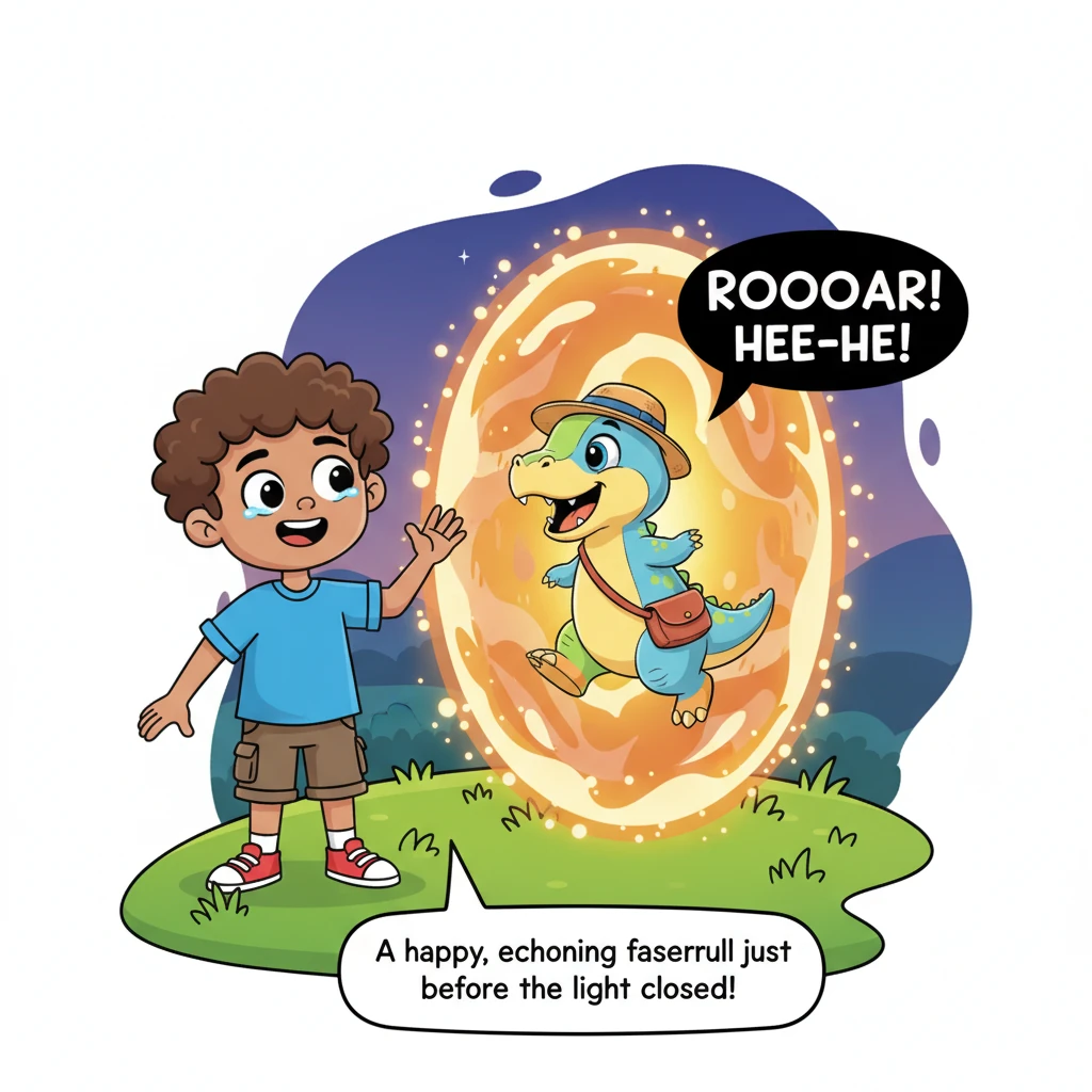 The dinosaur gently nudges Noah with its snout, a silent farewell, then turns and steps gracefully through the glowing portal. Just before the shimmer