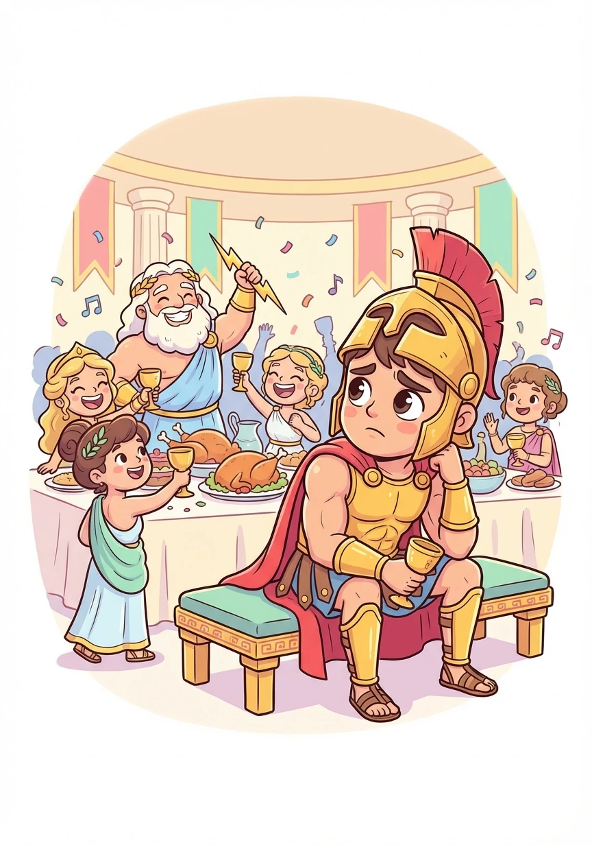 在慶功宴上，眾神們為阿瑞斯的勝利歡呼，但他卻感到格格不入。他看著宙斯和其他神祇的笑容，心中升起一股莫名的孤獨感。他開始懷疑，這真的是他想要的生活嗎？