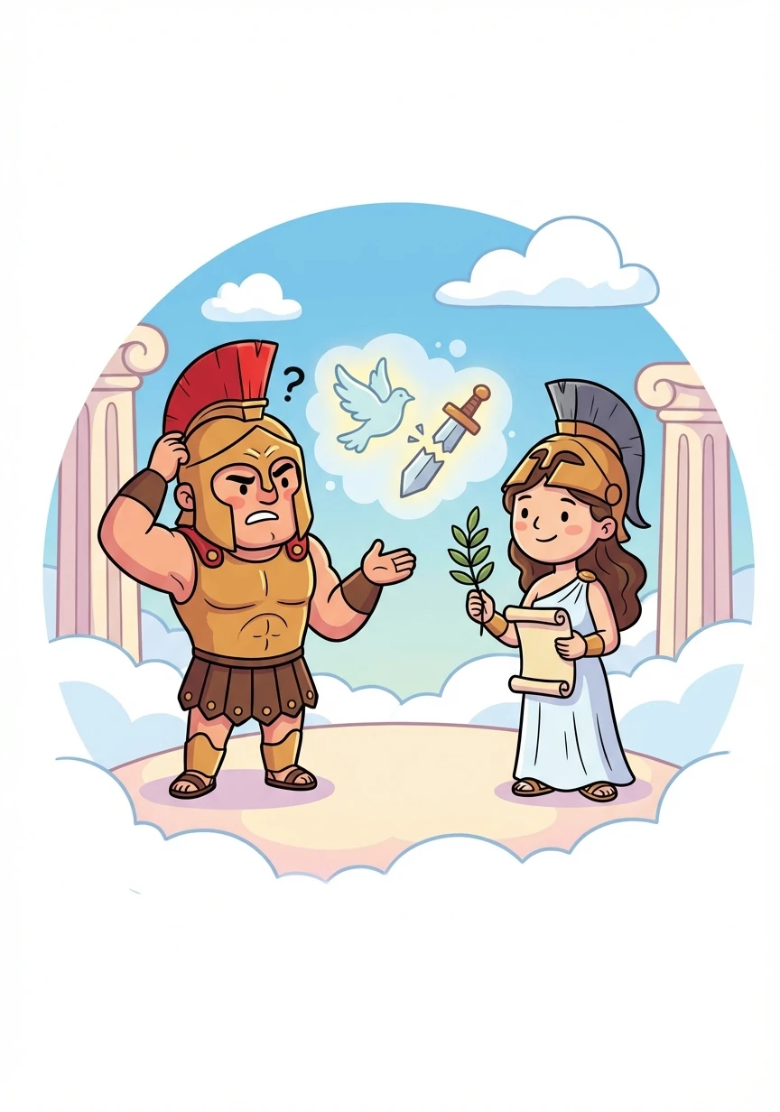 阿瑞斯與雅典娜在智慧與力量之間展開了一場辯論。雅典娜認為戰爭應該是為了正義與和平，而阿瑞斯卻無法理解。他開始意識到，自己對於戰爭的理解是如此片面。