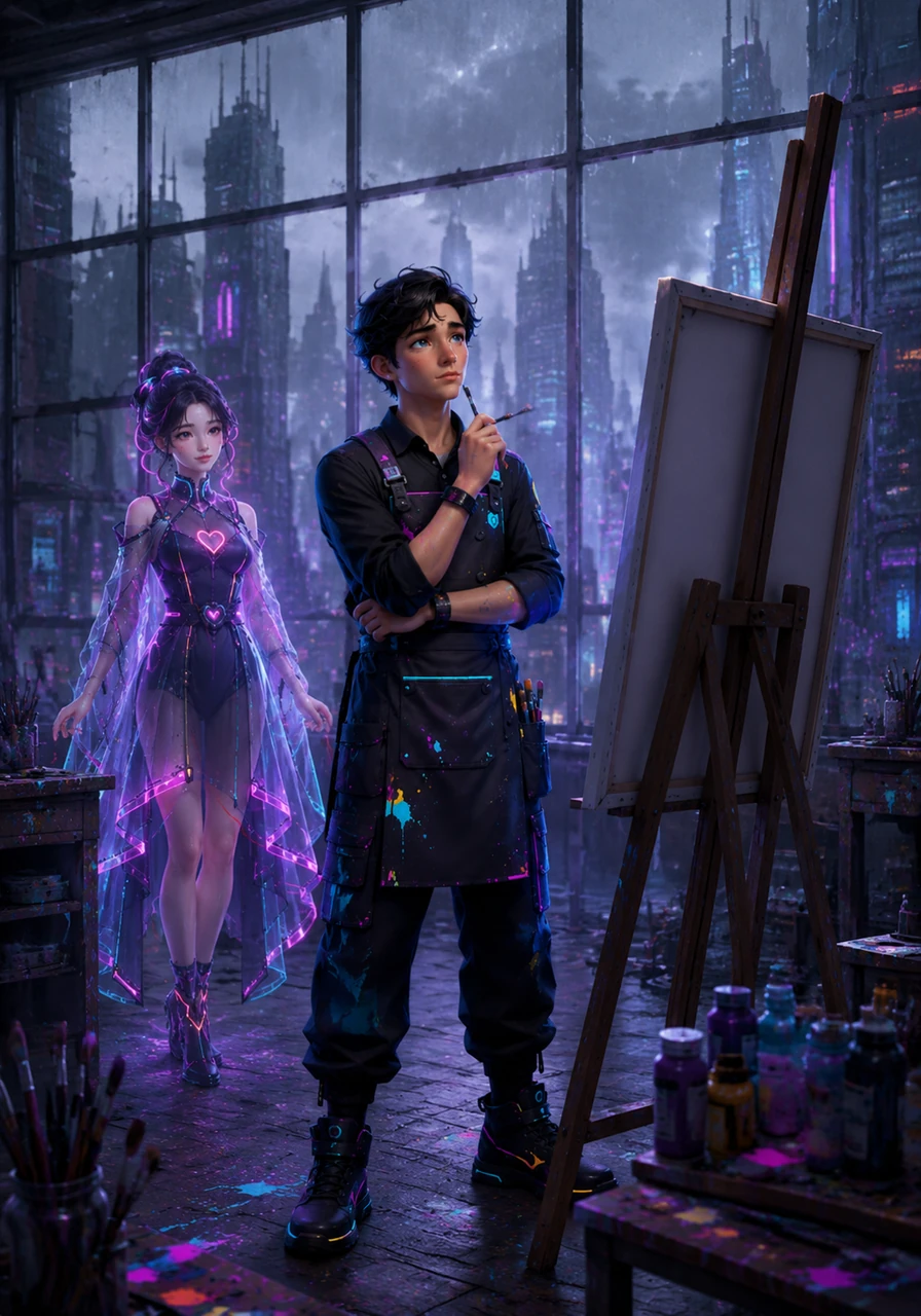 Dans une ville baignée de grisaille, Léo le peintre cherche une étincelle d'inspiration sur sa toile vide. Le silence de son atelier n'est rompu que par le murmure du vent contre les vitres poussiéreuses.