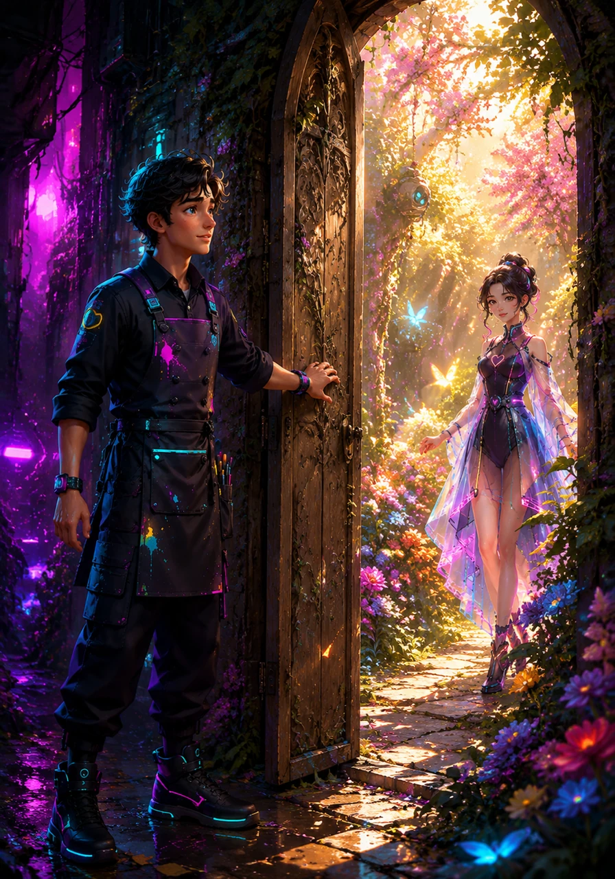Le chemin le mène devant une porte en bois sculpté, nichée au fond d'une impasse oubliée de tous. En l'ouvrant doucement, il découvre un jardin luxuriant où les fleurs semblent chanter sous la caresse du soleil doré.