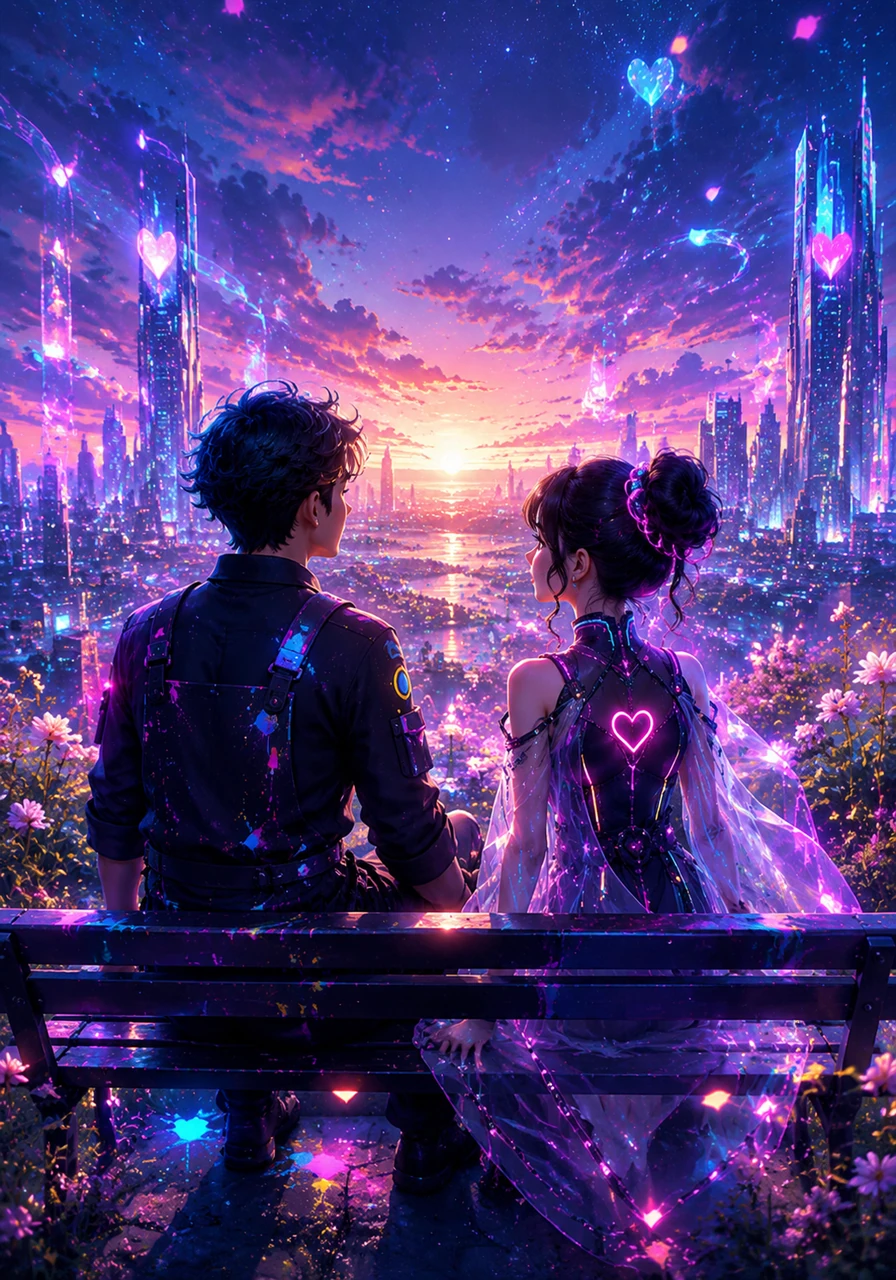 Assis sur un banc au milieu de leur univers coloré, Léo et Rose contemplent l'horizon avec une sérénité profonde. Ils ont appris que l'amour n'est pas seulement un sentiment, mais une œuvre d'art magnifique que l'on construit patiemment chaque jour.
