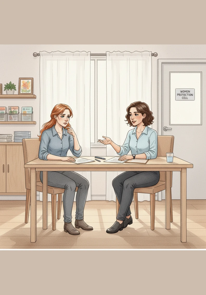 Maya visits a nearby Women Protection Cell she found through the app’s support center map to speak with a counselor. She feels empowered as she reads through the Legal Guidance Center, understanding her rights and the laws that exist to protect her.