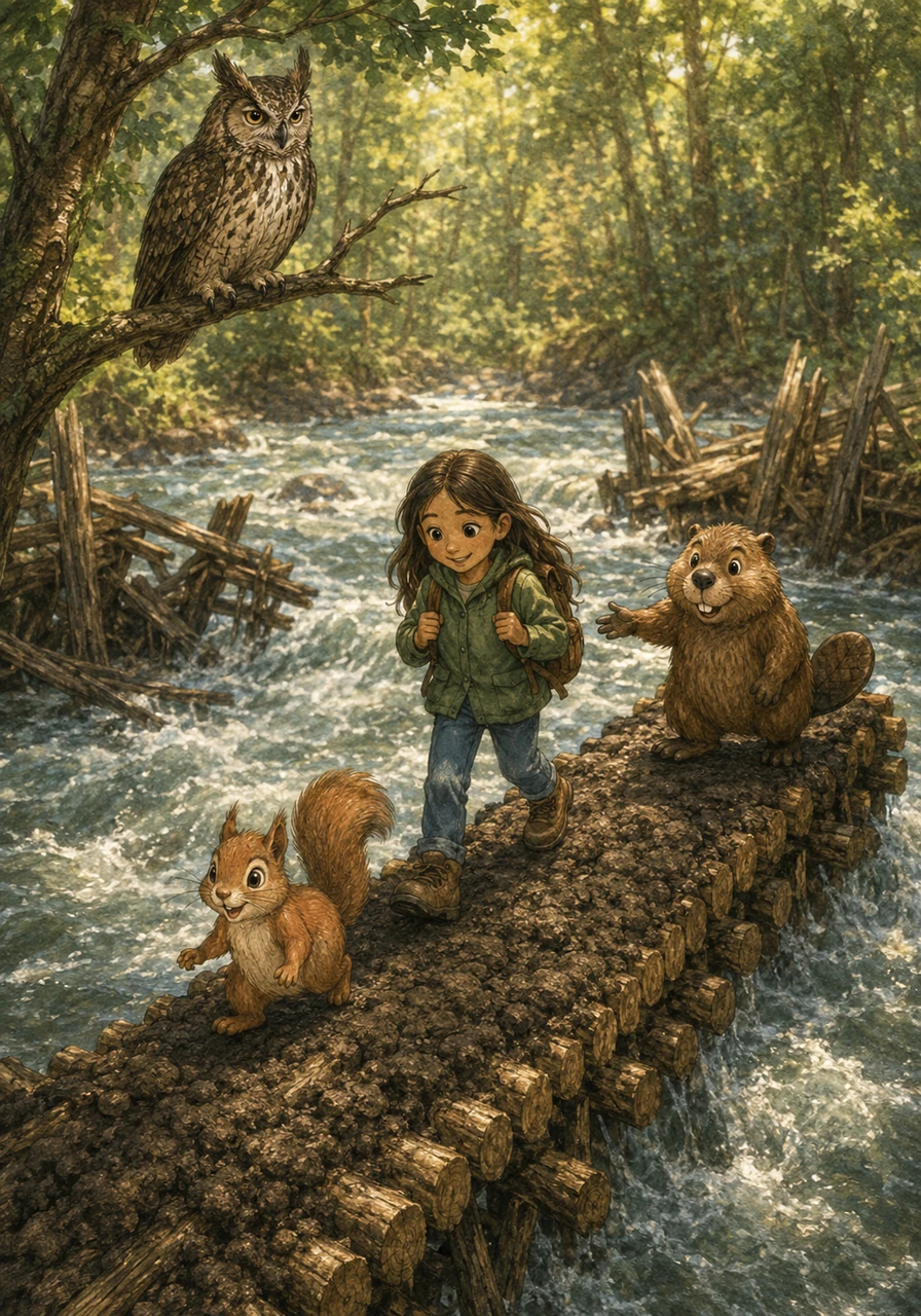 Eles chegaram a um rio agitado onde a antiga ponte de madeira havia caído durante uma tempestade. Juntos, Luna e Tico pediram ajuda ao castor Benjamin, que construiu uma nova passagem firme usando troncos e lama, unindo-se ao grupo logo em seguida.