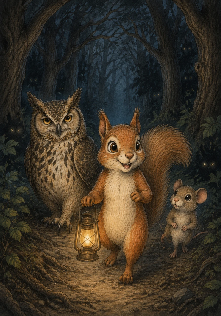 O trio entrou na Parte Sombria da floresta, um lugar onde as árvores eram altas e os arbustos pareciam sussurrar segredos. Luna liderou o caminho com bravura, encorajando seus amigos a seguirem em frente e provando que o medo desaparece quando estamos acompanhados de bons amigos.