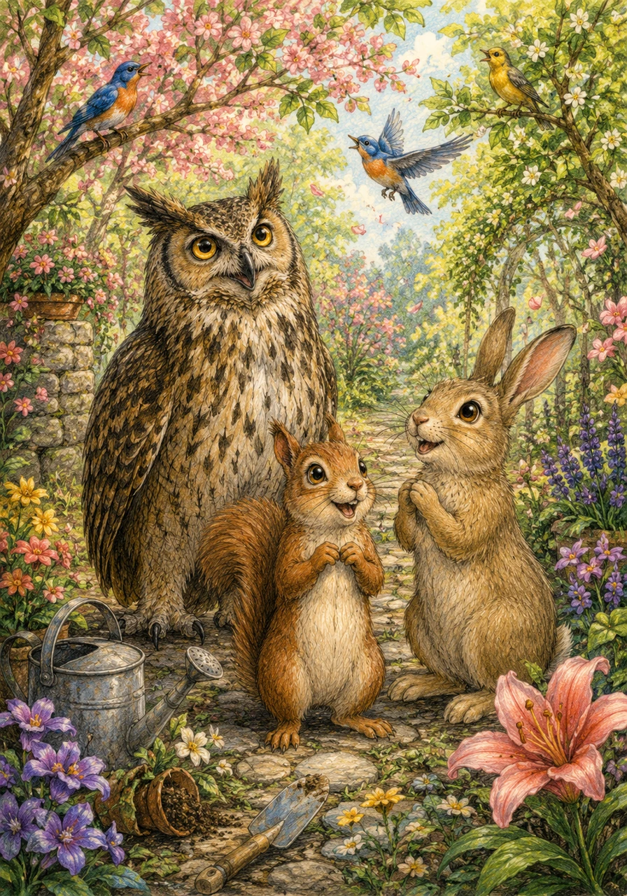 Enquanto os três amigos trabalhavam juntos, o jardim começou a se transformar diante de seus olhos com cores vibrantes e flores exóticas. Pássaros coloridos voltaram a cantar nos galhos e o ar se encheu com o perfume mais doce que Luna já havia sentido na vida.