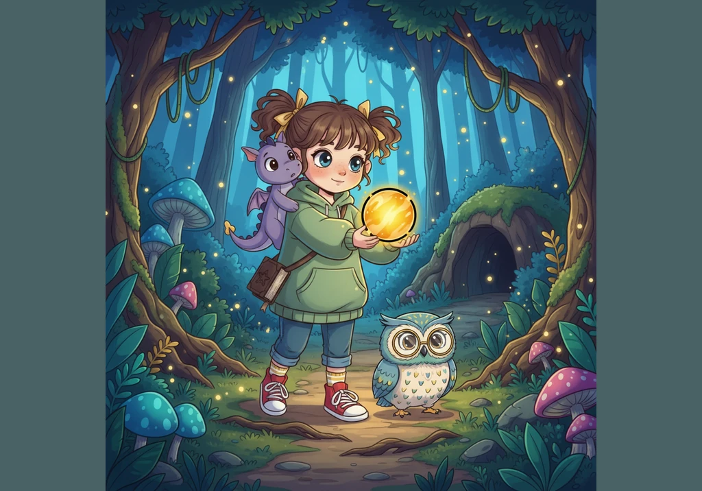 Лина пошла вслед за огоньком, пробираясь сквозь мягкий мох и высокие папоротники. Шарик летел впереди, освещая путь и наполняя лес тихим, мелодичным з