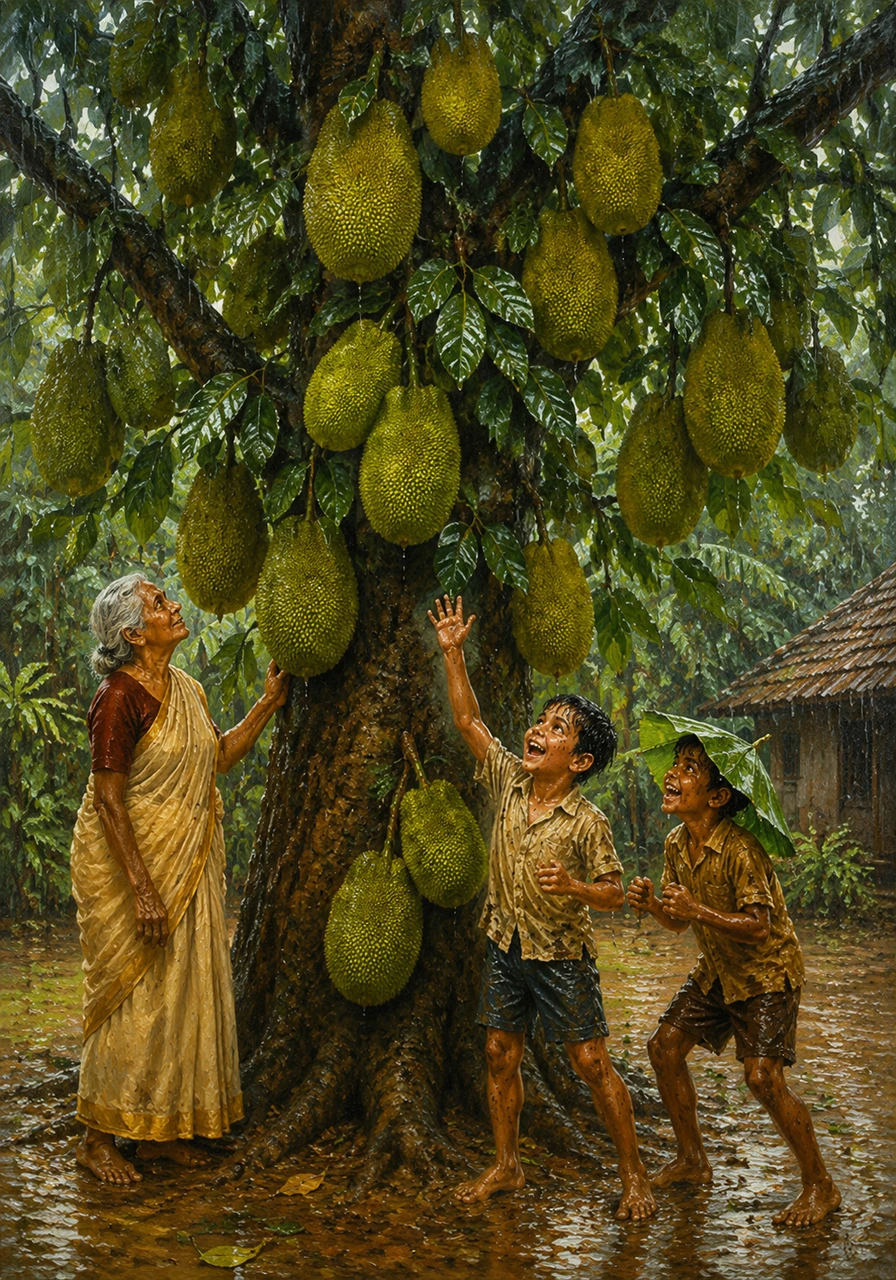 A giant jackfruit tree stood tall in the garden, its branches bowing under the weight of dozens of enormous, spiky fruits. The rain washed the dust from the leaves, making them shine like polished glass.