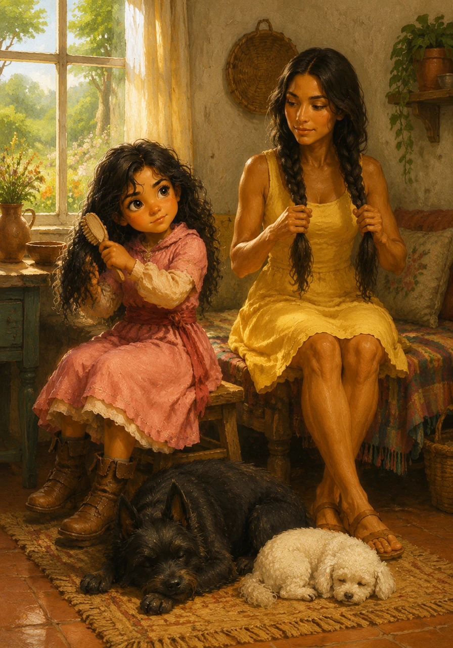 In a sun-drenched cottage at the edge of the woods, Mia brushes her wavy black hair while Maite plays with her two long braids. Their loyal companions, Ruffo the shaggy black dog and Olivia the tiny white poodle, nap peacefully at their feet. It looks like a perfectly normal afternoon in the countryside.