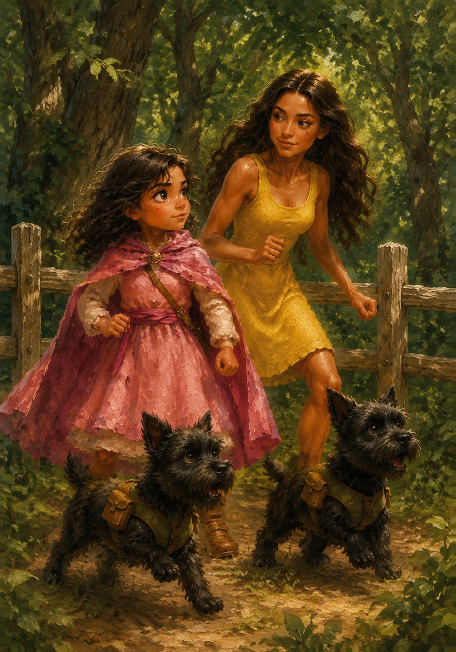 Suddenly, a frantic chirping echoes from the deep green forest beyond the fence. Mia and Maite exchange a knowing look, their eyes sparkling with a secret purpose. The dogs spring to their feet, ears perked and ready for action as they sense the call for help.