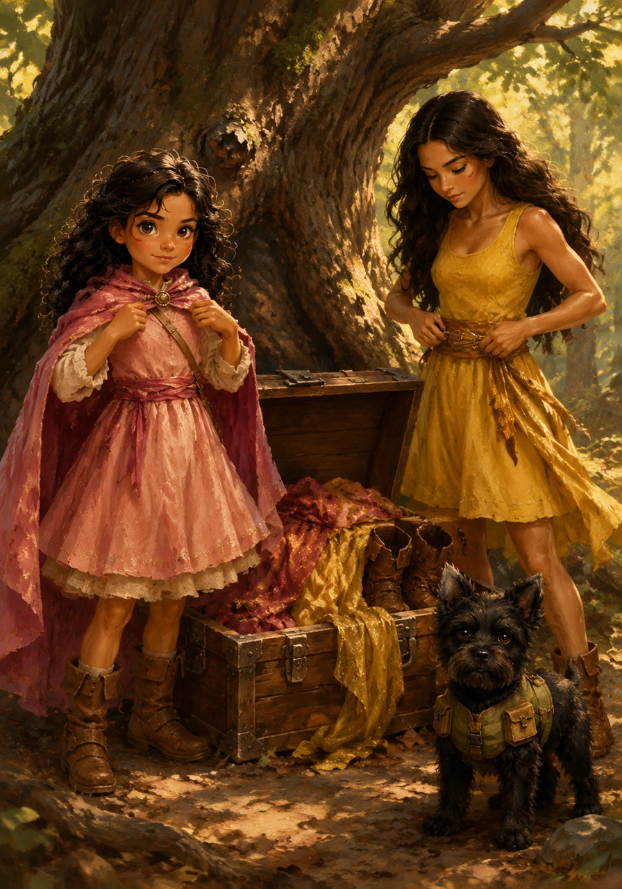 Behind the old oak tree, the girls uncover their hidden chest filled with shimmering capes and sturdy boots. Mia dons a rose-colored cloak while Maite secures her golden sash, transforming from ordinary girls into the forest's secret warriors. Ruffo and Olivia stand tall, looking like brave knights in their tiny scouting vests.