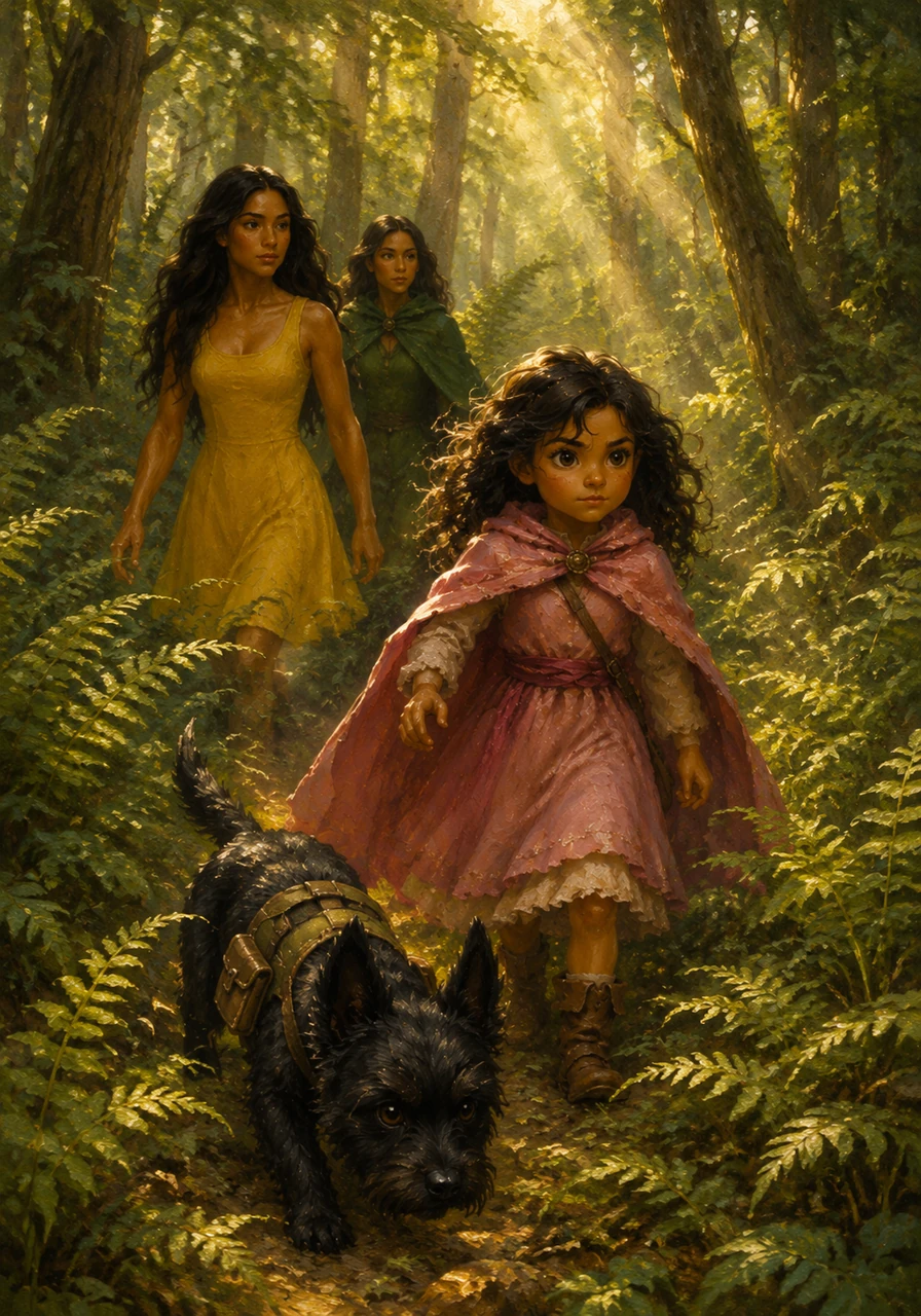 The team marches into the dense woods, where the sunlight filters through the leaves in dusty golden beams. Mia leads the way with Ruffo by her side, his nose twitching as he tracks the sound of distress. Maite and Olivia follow closely, moving silently through the carpet of tall ferns.