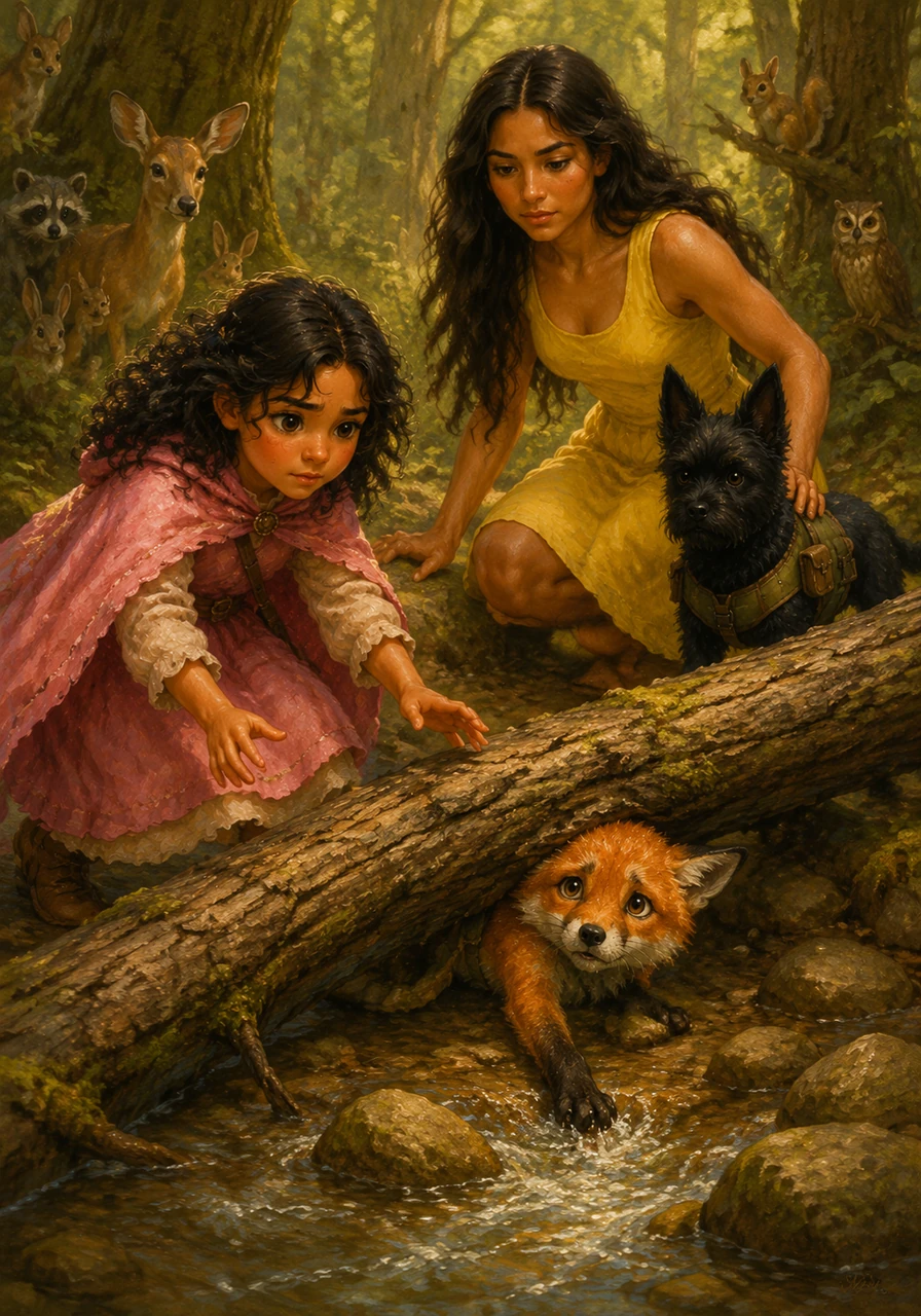 They discover a young fox cub whose paw is caught under a heavy fallen branch near the bubbling creek. The poor creature whimpers, looking up with wide, frightened eyes at the approaching heroes. The forest animals watch from the shadows, hoping for a miracle from their human friends.