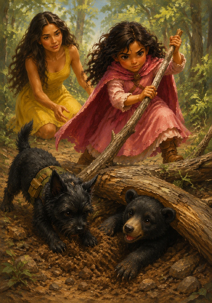 Mia uses a sturdy fallen branch as a lever, calling upon her strength to lift the heavy wood. Ruffo digs away the loose dirt around the cub's trapped paw, working with determined focus and quick paws. With a coordinated effort, the heavy branch shifts just enough for the cub to pull free.